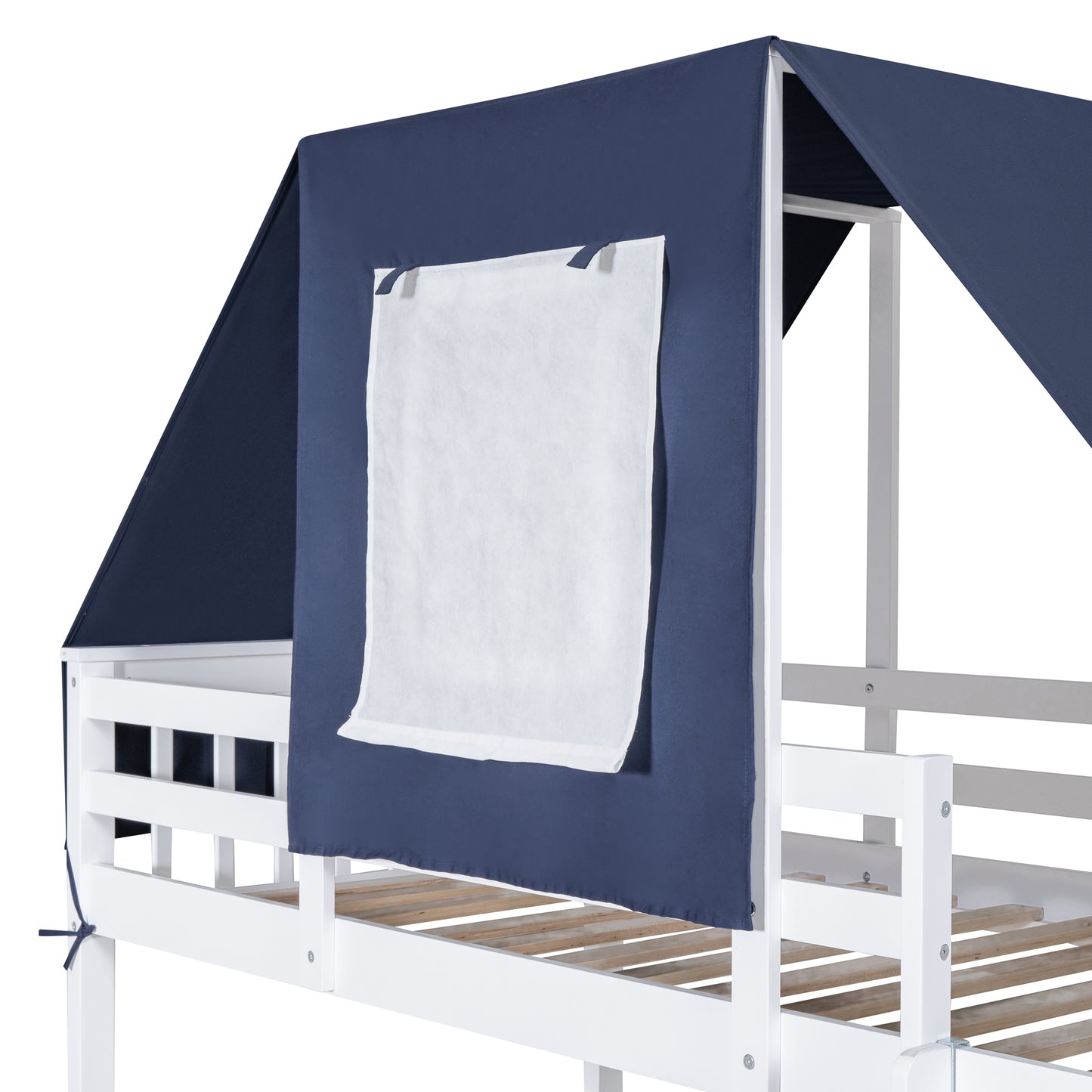 House-Shaped Twin Bunk Bed with Tent, Drawers, White & Blue