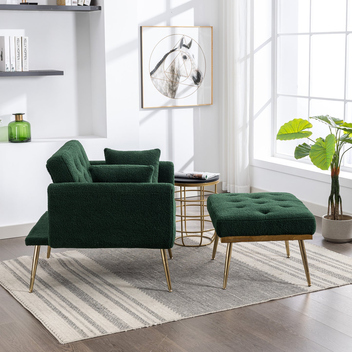 Green Tufted Chaise Lounge Accent Chair with Adjustable Backrest and Ottoman