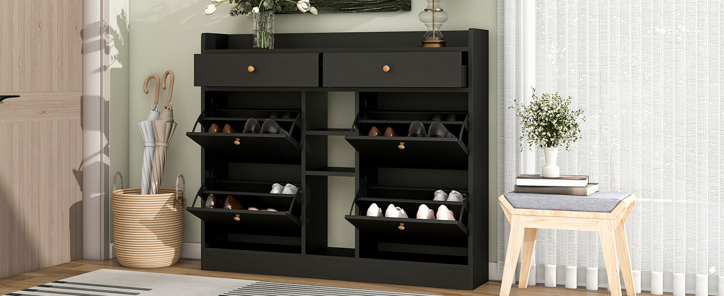 Modern Shoe Cabinet with 4 Flip Drawers, Multifunctional 2-Tier Shoe Storage Organizer with Drawers, Free Standing Shoe Rack for Entrance Hallway, Black.