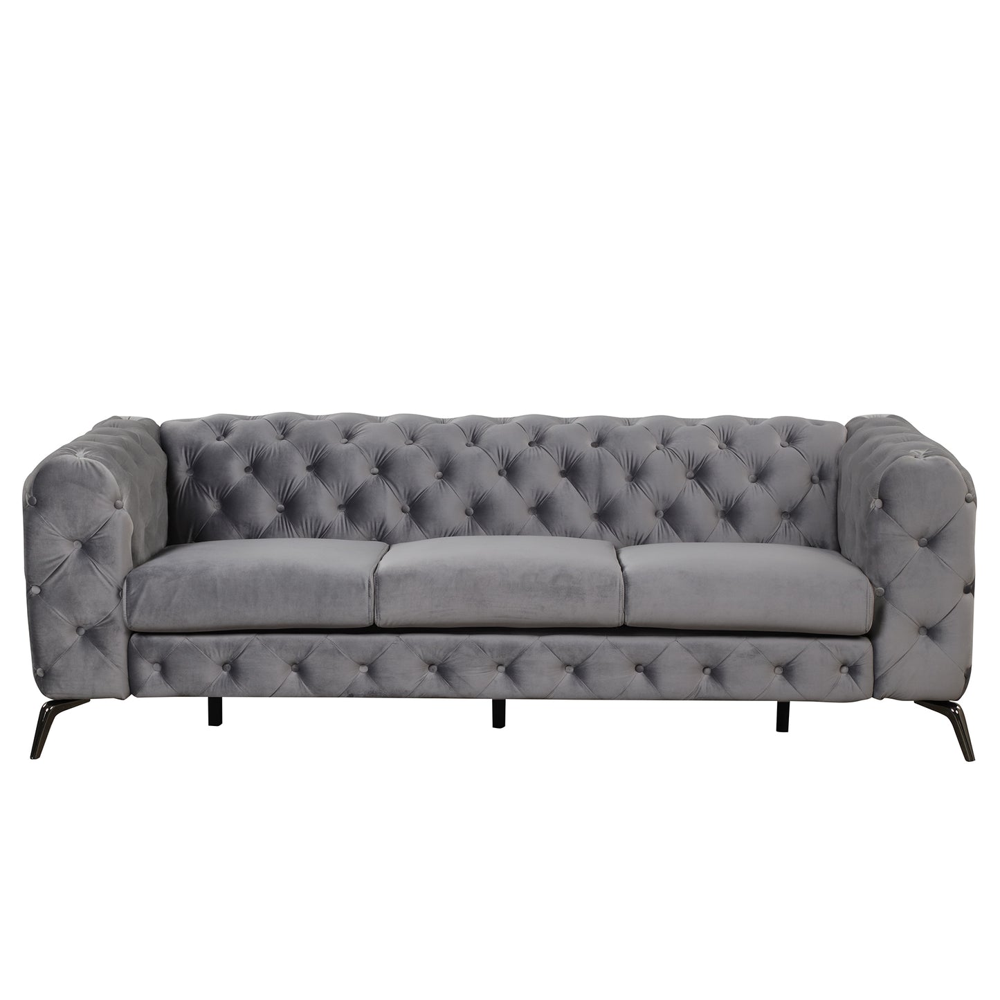 Sleek Gray Velvet Upholstered 3-Seater Sofa with Metal Legs