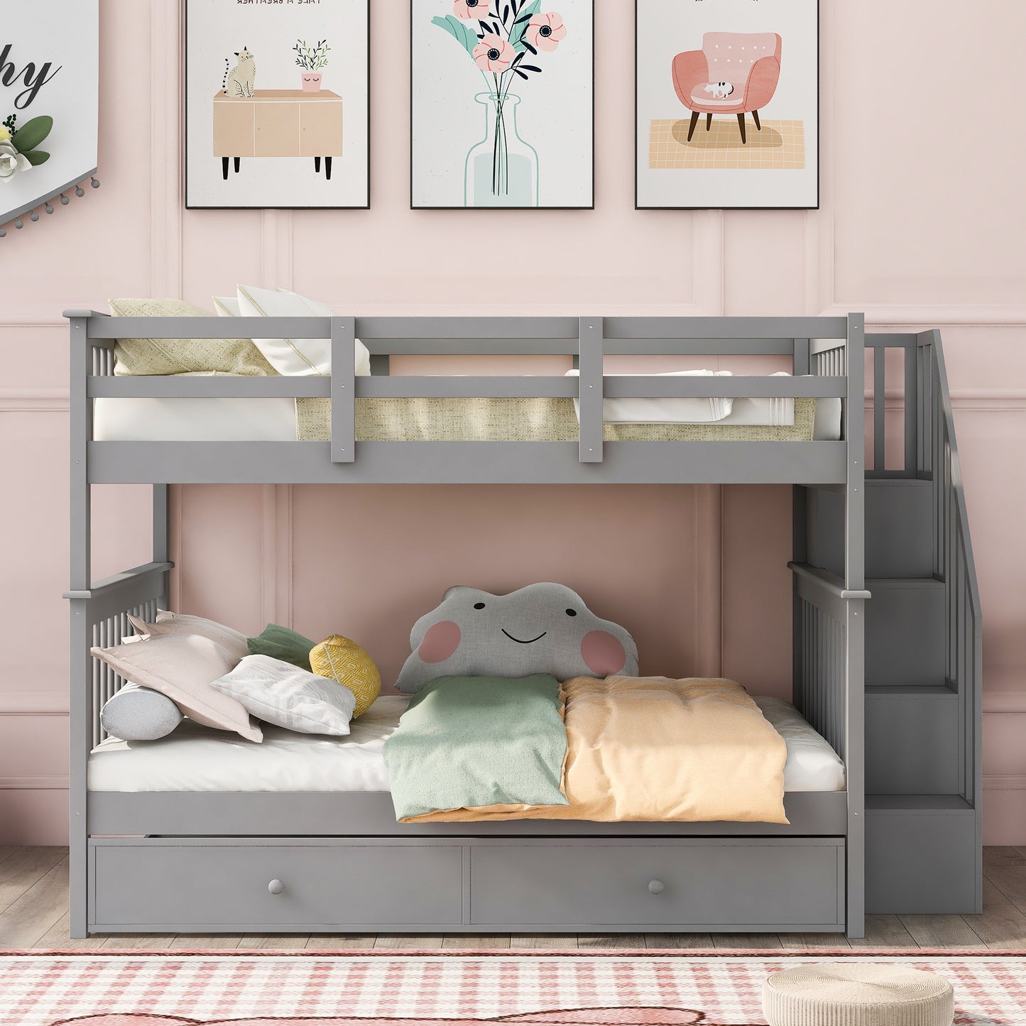 Gray Full-Over-Full Bunk Bed with Twin Trundle and Storage System