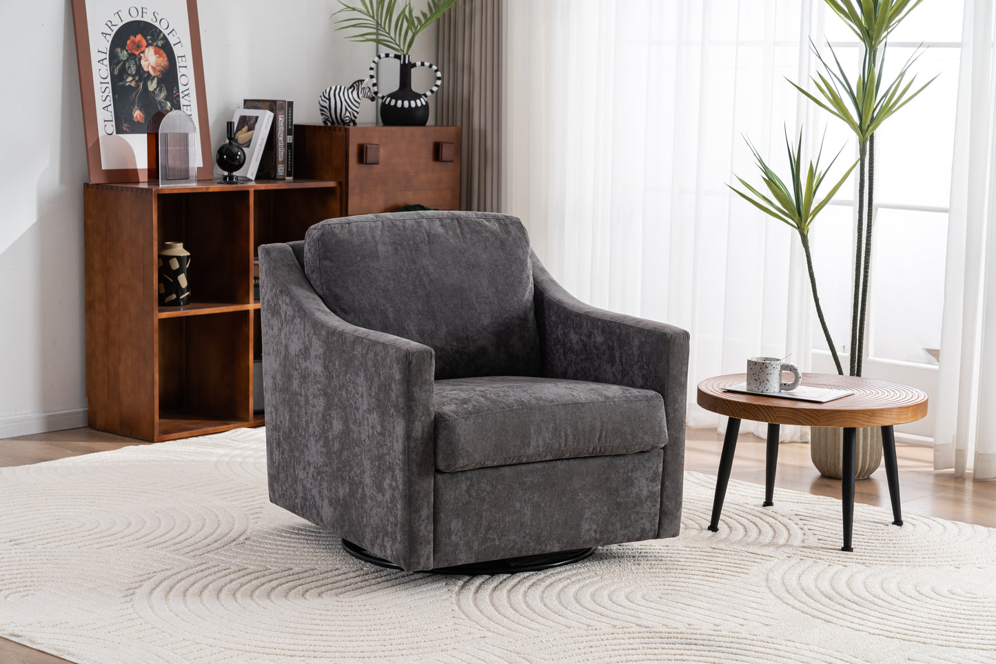 Large swivel chair, upholstered armchair, modern chair, skin-friendly gradient color linen fabric, comfortable to sit. Suitable for reception living room, gray