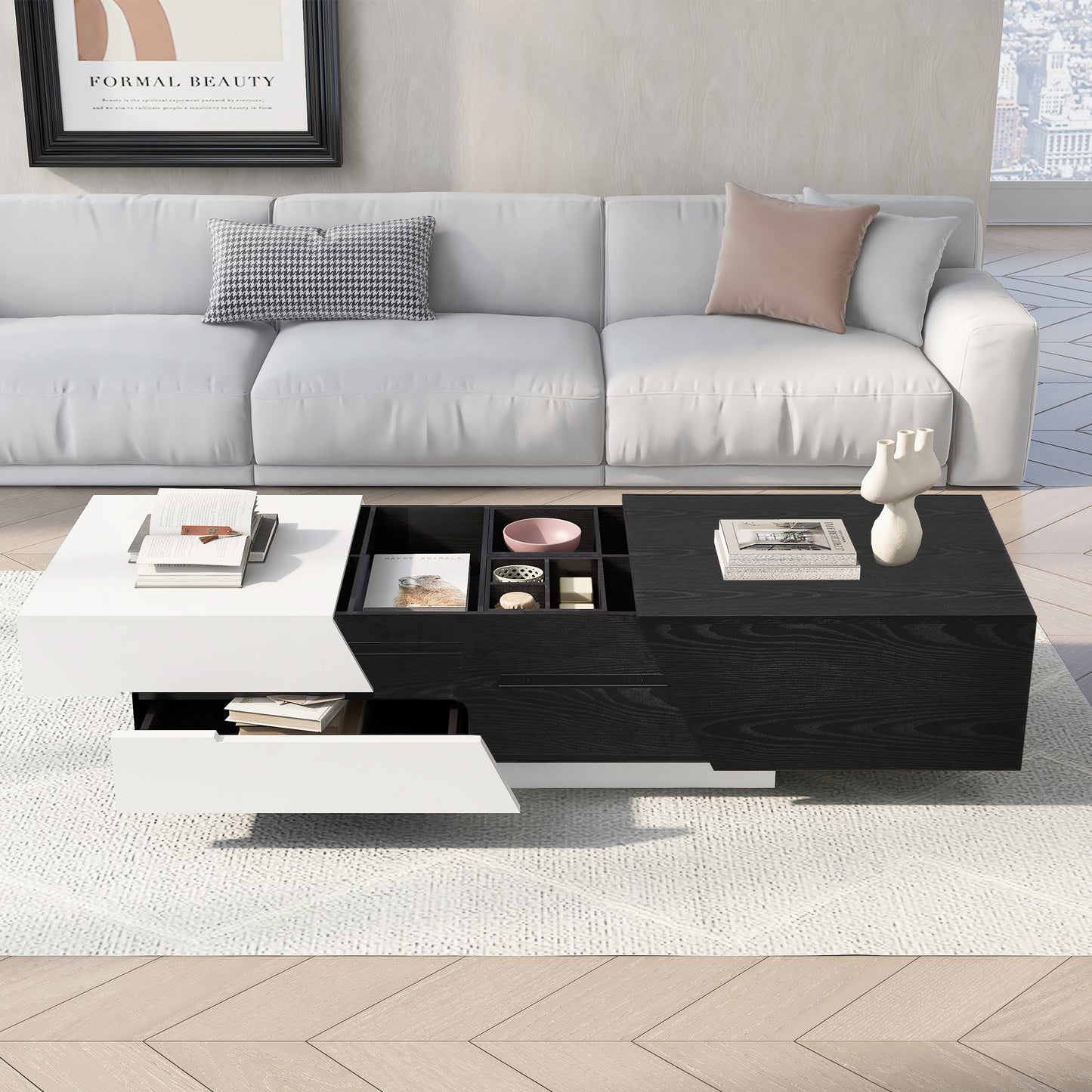 Sleek White and Black Sliding Top Coffee Table with Storage