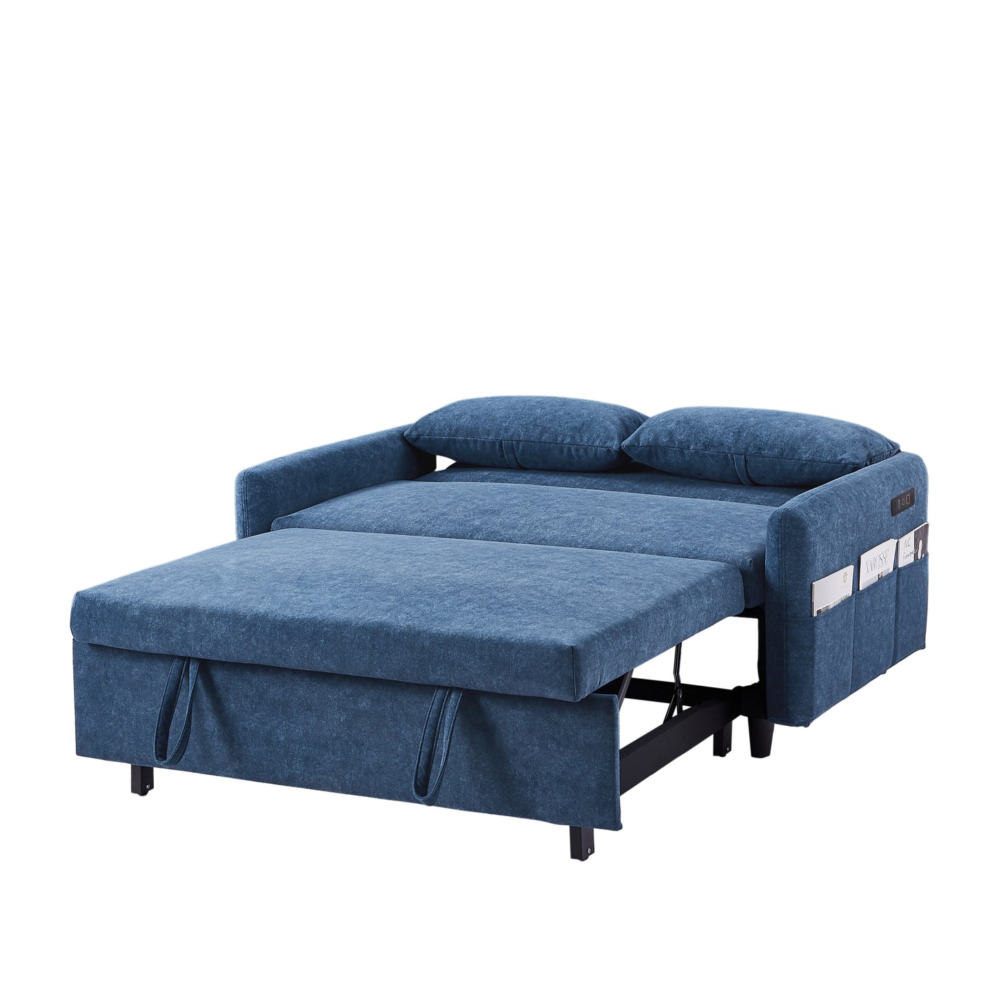 55.1 Blue Pull Out Sleeper Loveseat Sofa Bed with Adjustable Backrest and USB Ports