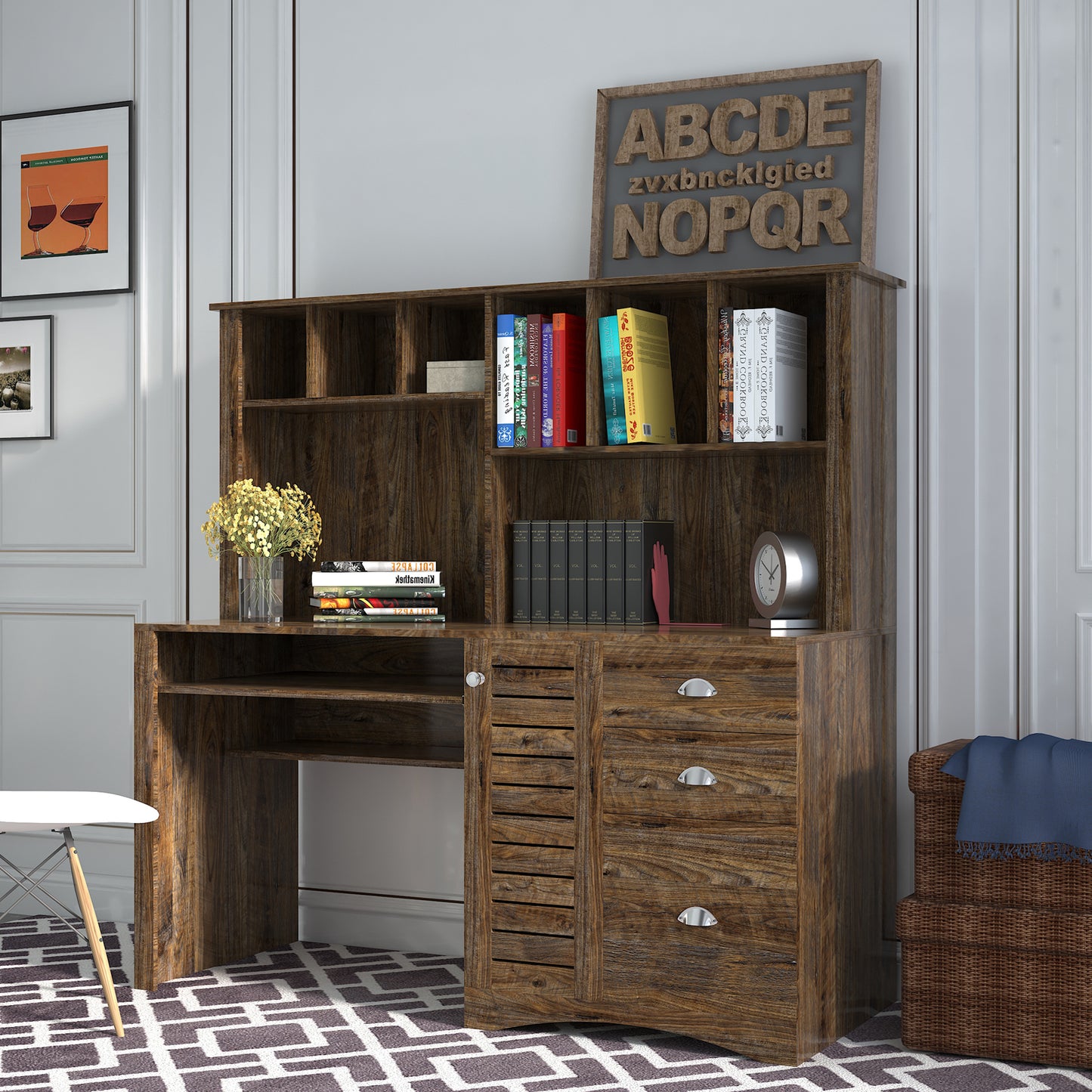 Brown Home Office Desk with Storage Drawers, Cable Management, and Hutch