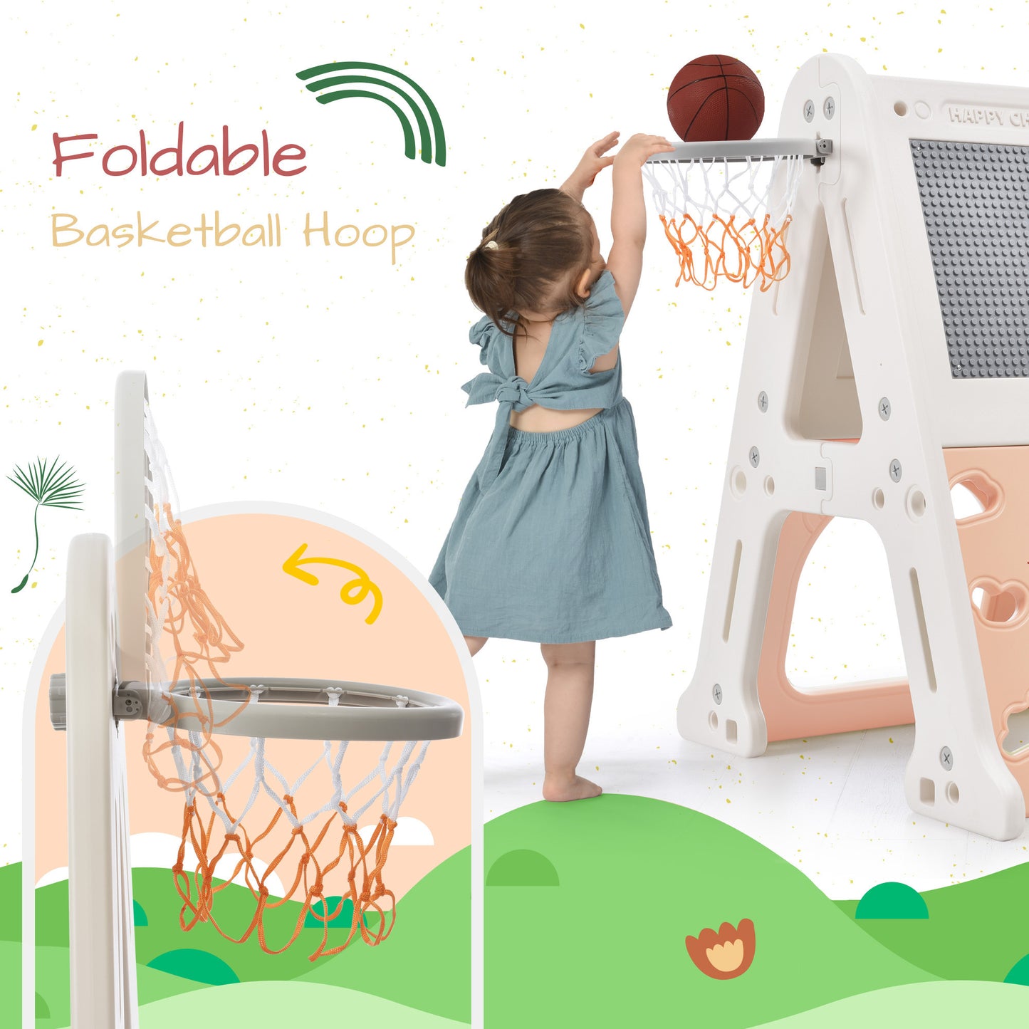 6-in-1 Toddler Climber and Swing Set Kids Playground Climber Swing Playset with Tunnel, Climber, Whiteboard,Toy Building Block Baseplates, Basketball Hoop Combination for Babies