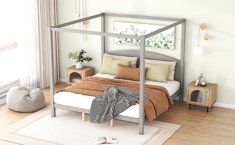 King Size Canopy Platform Bed with Headboard and Support Legs, Grey Wash