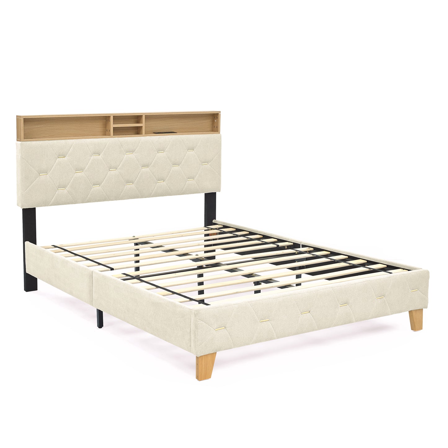 Full Size Bed Frame, Shelf Upholstered Headboard, Platform Bed with Outlet & USB Ports, Wood Legs, No Box Spring Needed, Easy Assembly, Beige