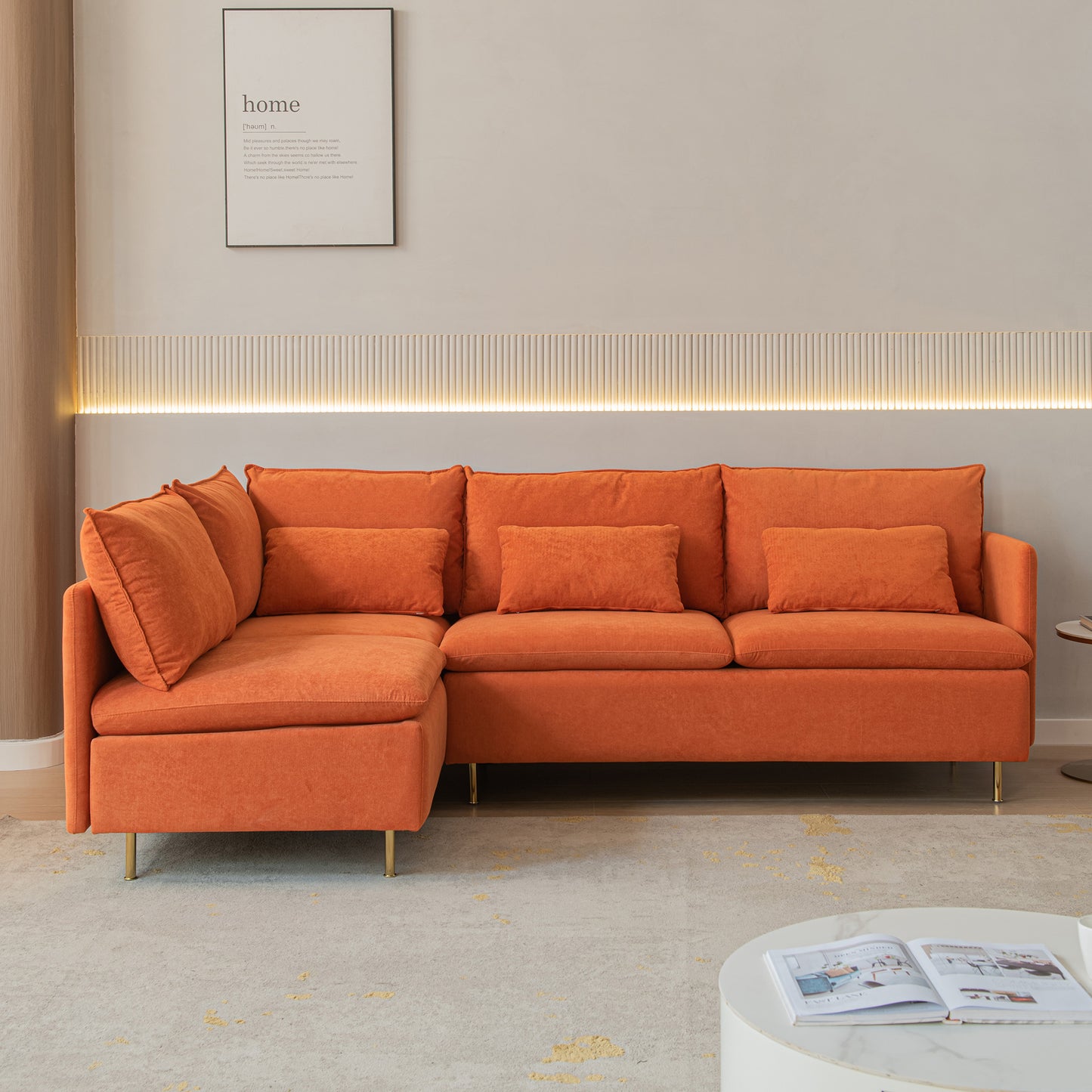 Modular L-shaped Corner sofa ,Left Hand Facing Sectional Couch,Orange Cotton Linen-90.9''