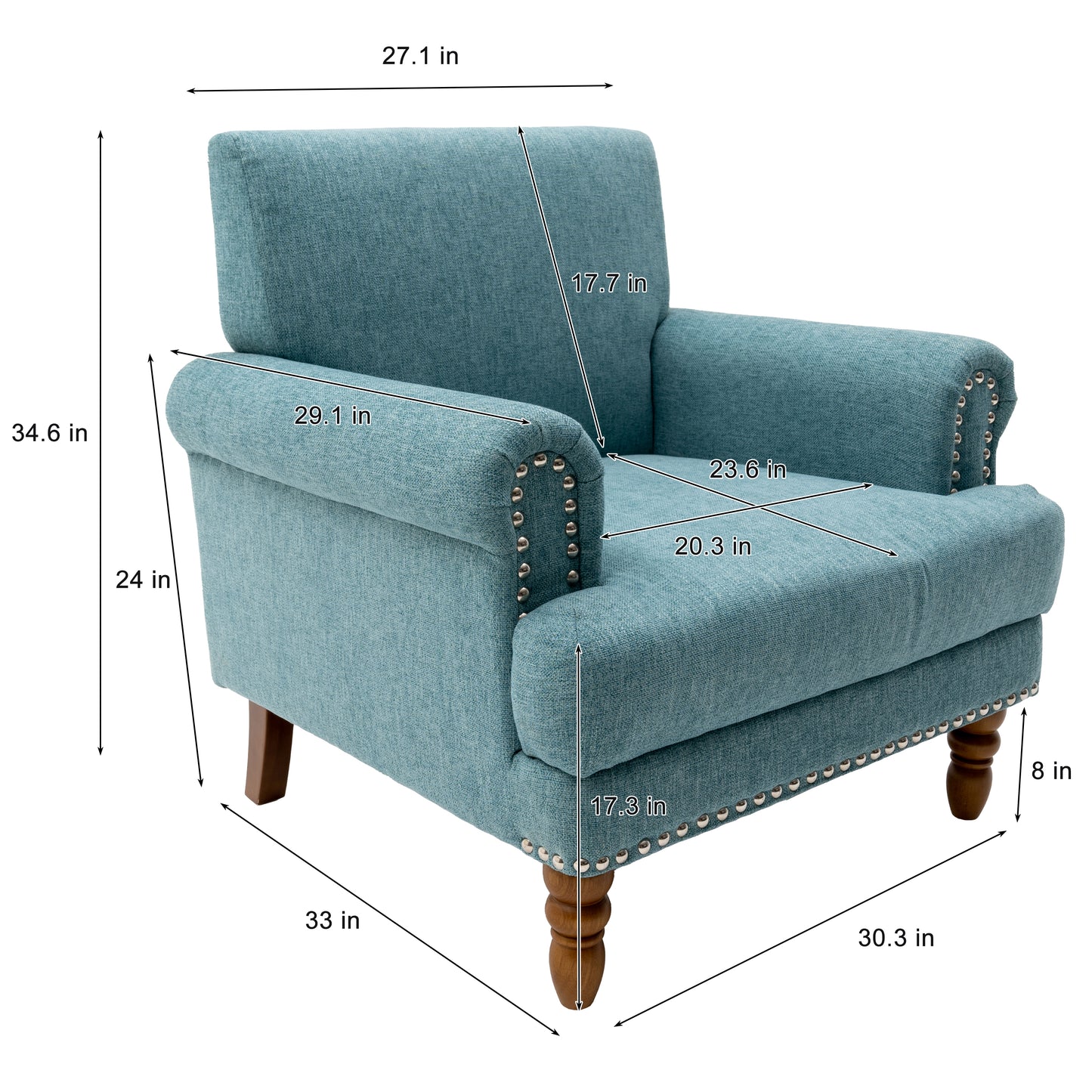 Cotton Accent Chair Mid-Century Modern Living Room Armchair with Nailhead Trim & Wood Legs Comfy Upholstered Single Sofa Chair for Lounge/Bedroom/Reception  Blue