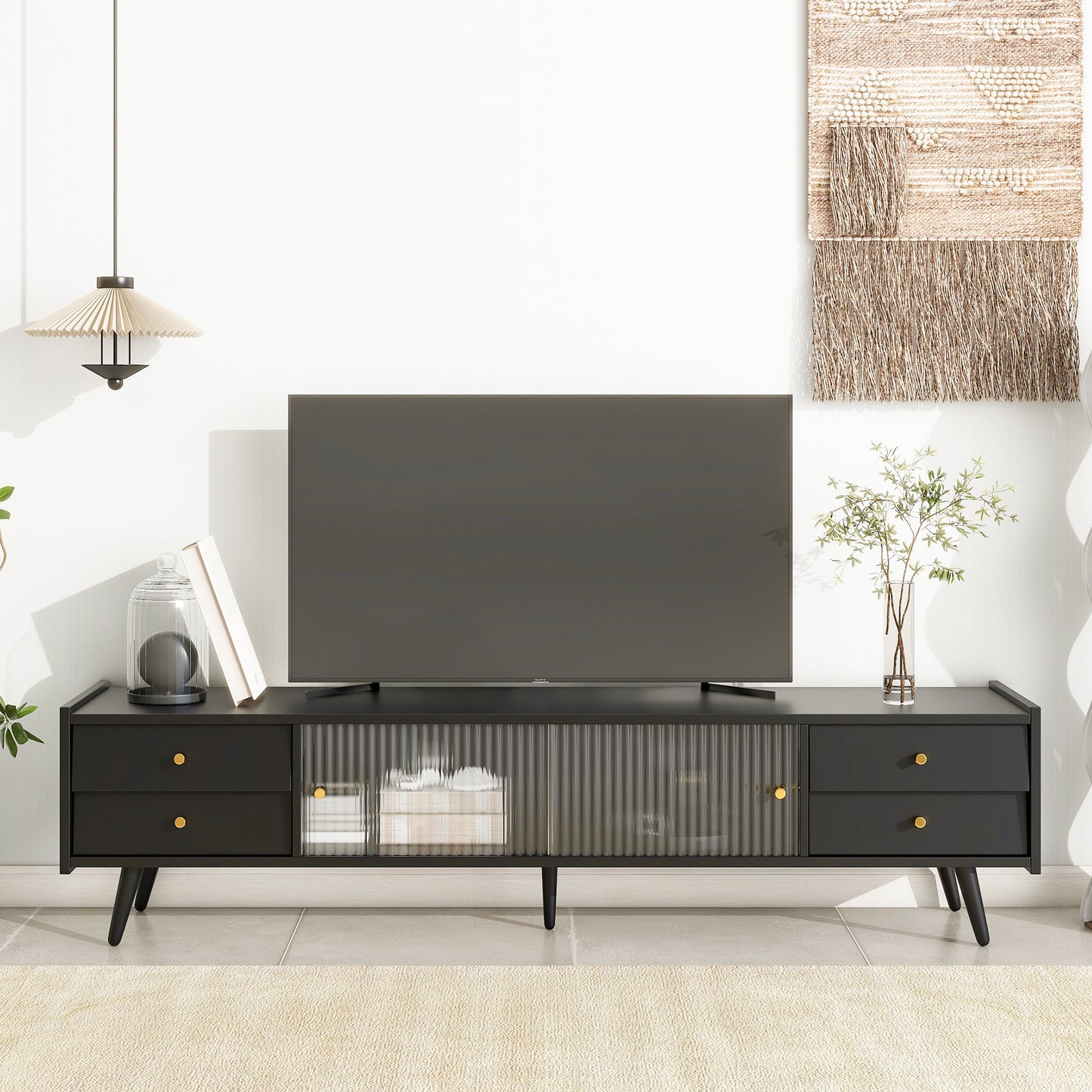 Contemporary Black TV Stand with Elegant Golden Accents