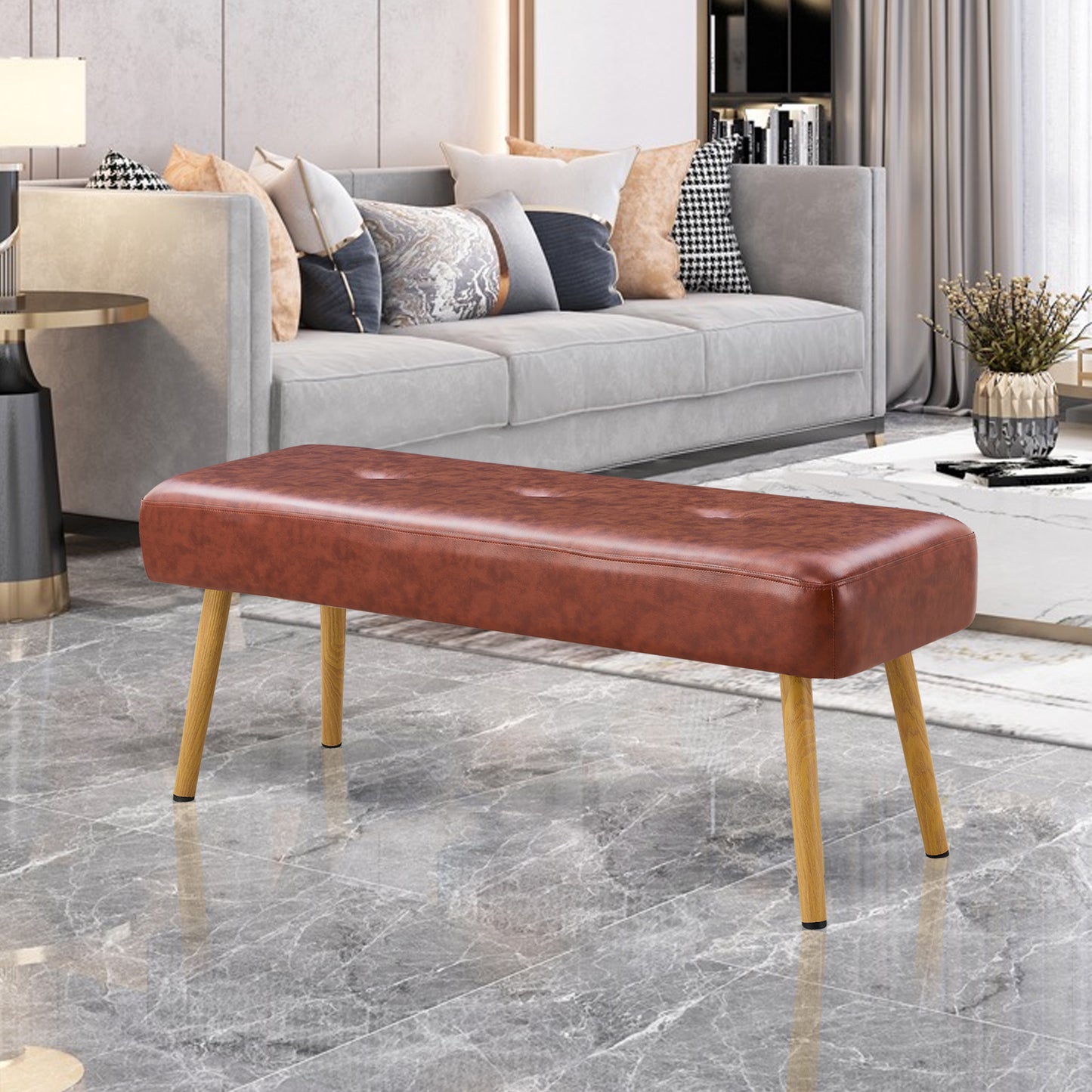 PU Upholstered Bench With Metal Legs .Shoe Changing Bench Sofa Bench Dining Chair .for to Bedroom Fitting Room, Store, Dining Room and Living Room.BrownST-004-BR