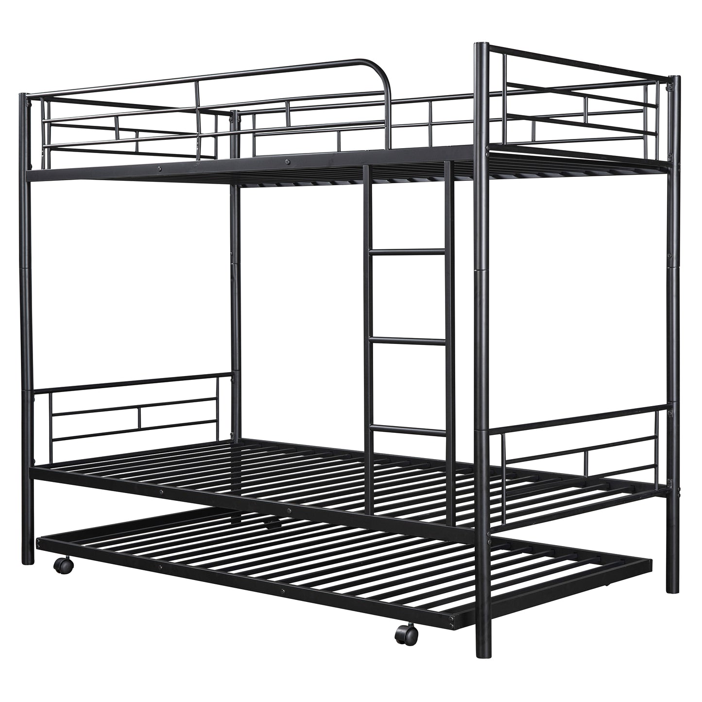 Metal Bunk Bed with Twin Trundle, Convertible Twin-Over-Twin, Black