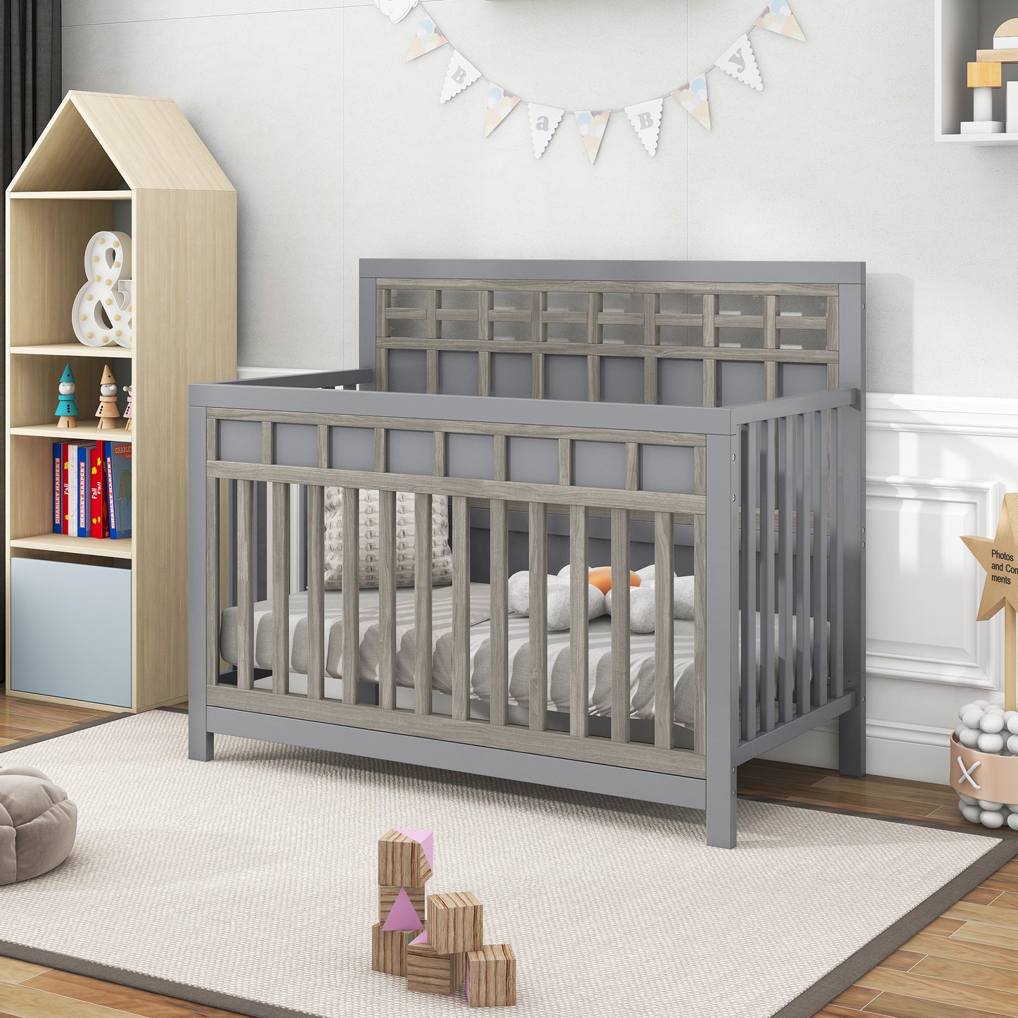 3 Pieces Nursery Sets Baby Crib and Changer Dreeser with Removable Changing Tray Bedroom Sets Gray