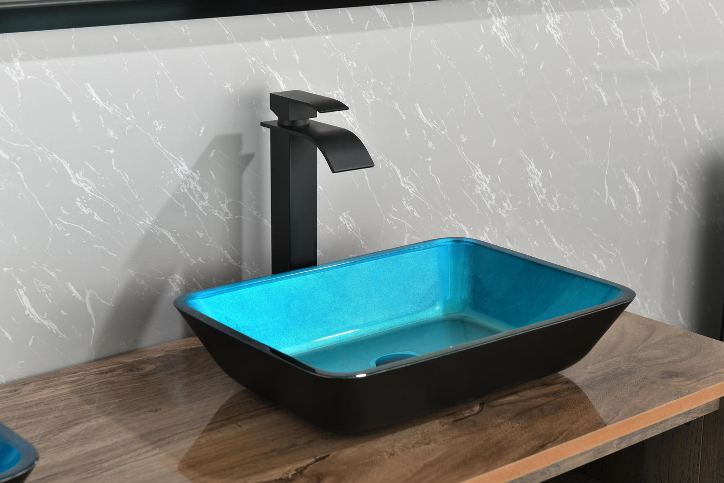 Handcrafted Turquoise Glass Vessel Sink Set with Matte Black Faucet