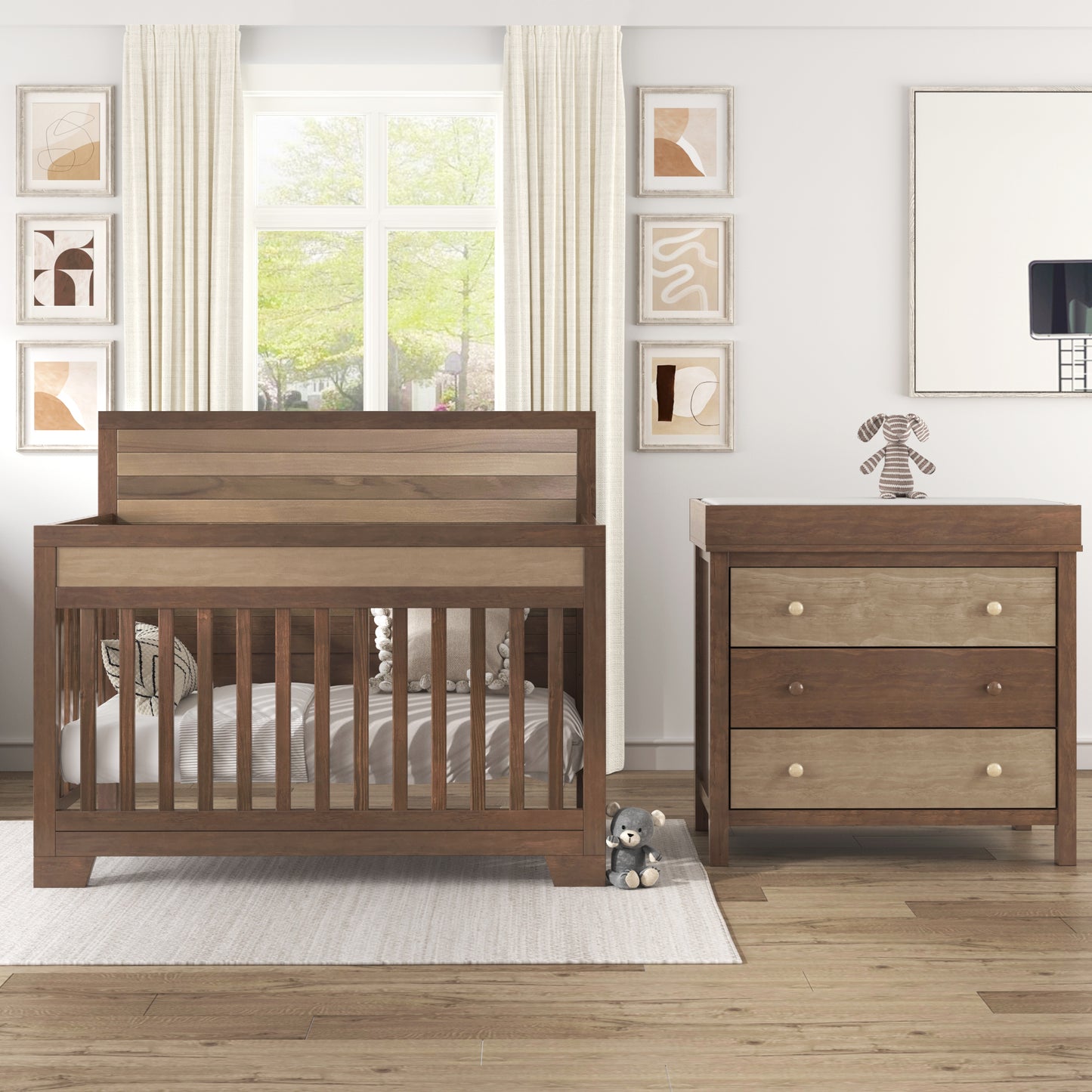 3 Pieces Nursery Sets Baby Crib and Changer Dreeser with Removable Changing Tray Bedroom Sets Brown