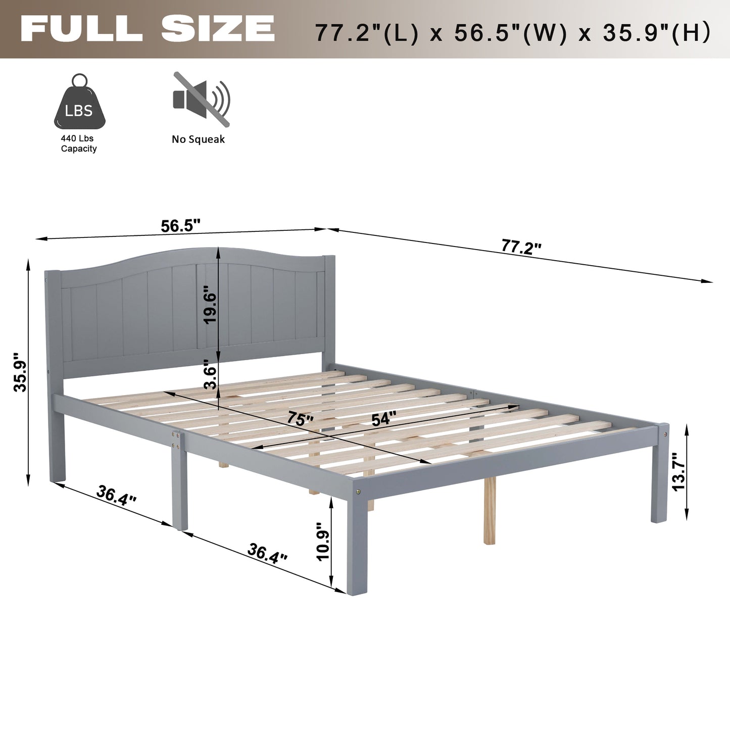 Full Size Bed, Wood Platform Bed Frame with Headboard For Kids, Slatted, Gray