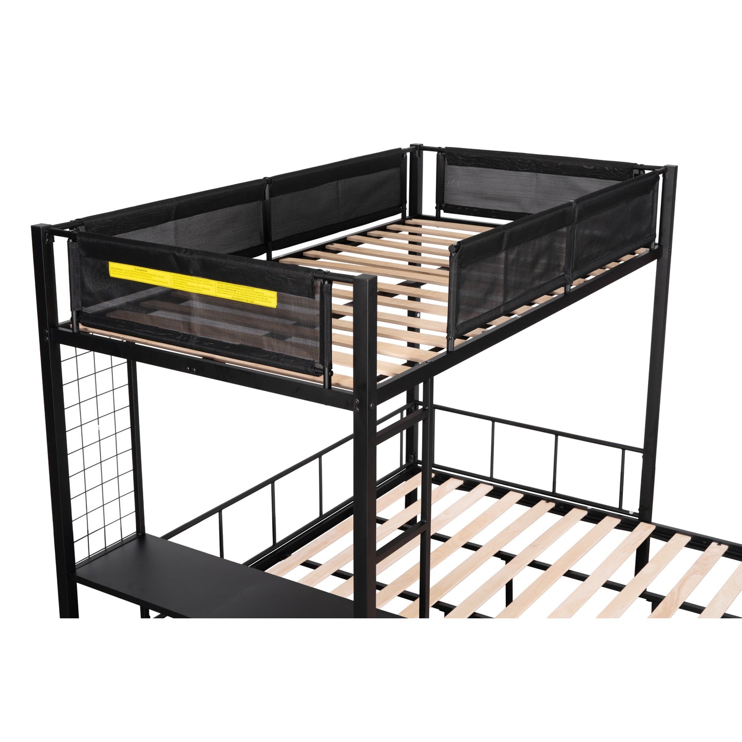 Metal Twin over Full Bunk with Shelves & Grid Panel/ Sturdy Metal Bed Frame/ Noise-free Wood Slats/ Comfortable Textilene Guardrail/ Built-in 2-tier Shelves & Grid Panel/ Separated Full size Bed