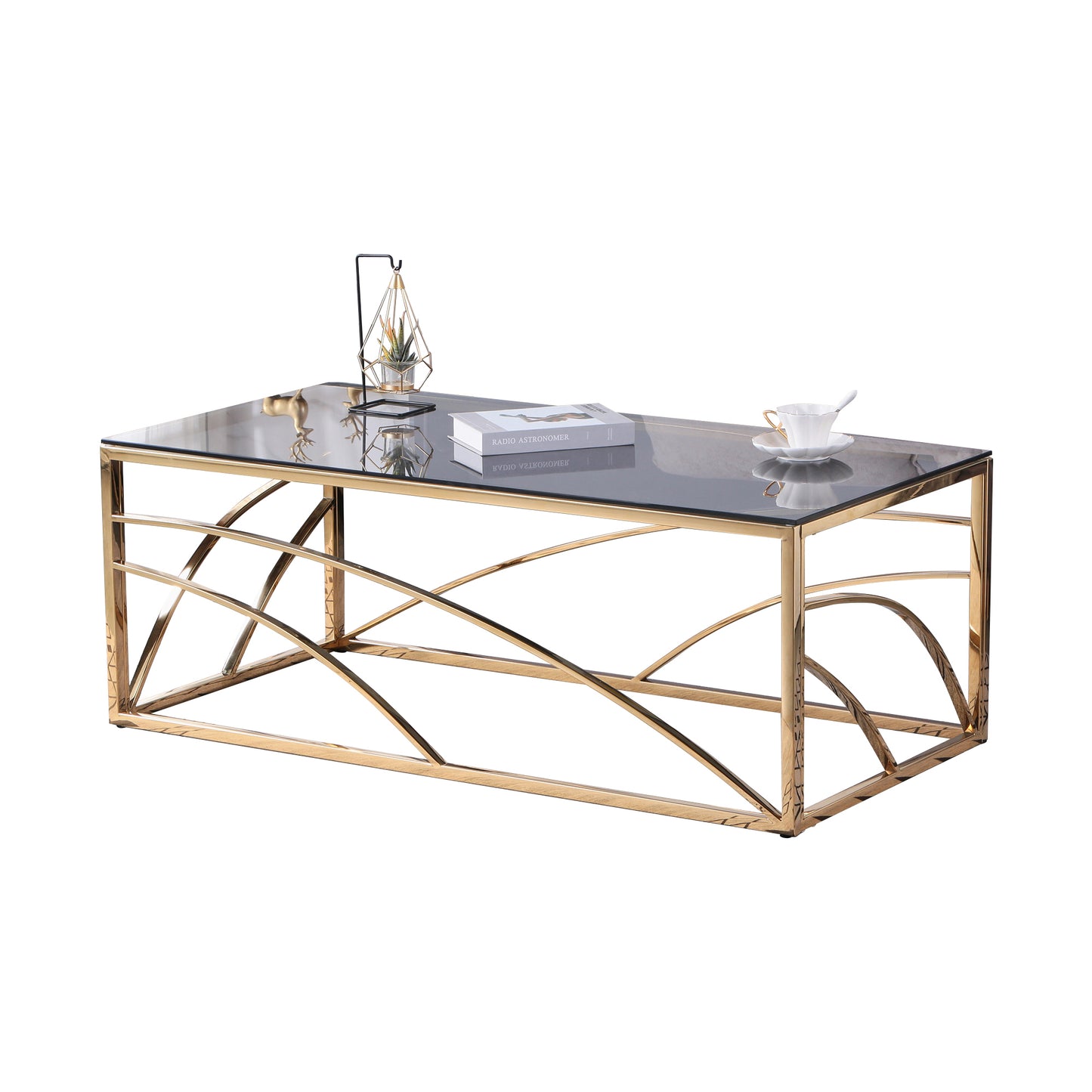 Elegant Gold Stainless Steel and Blue Gray Glass Coffee Table for Modern Living Room