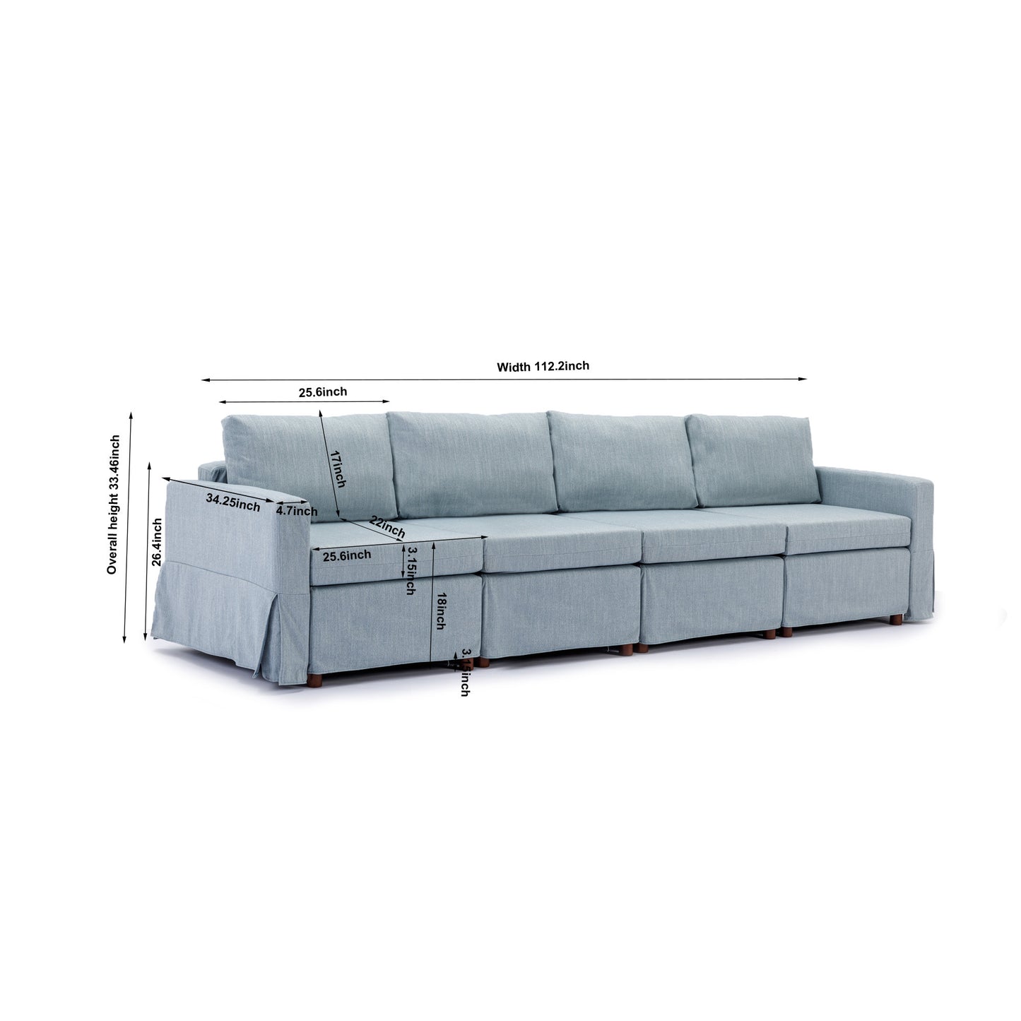 4-Seat Modular Sectional Sofa with Ottoman, Light Blue