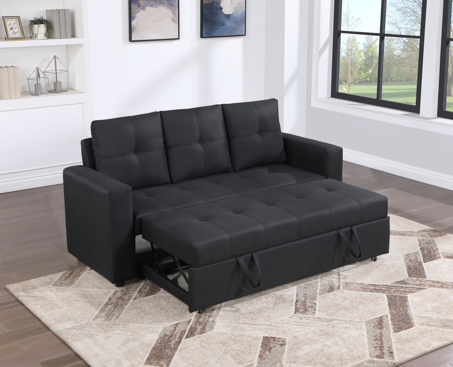 Aiden Black Linen Fabric Sleeper Sofa with Tufting