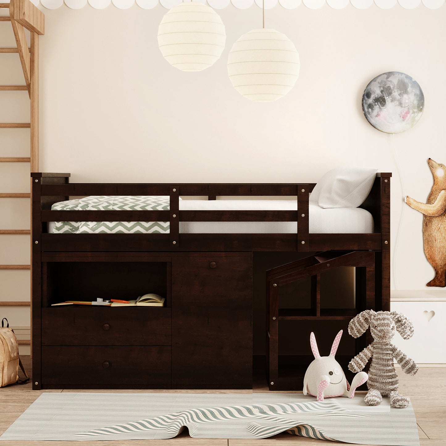 Loft Bed Low Study Twin Size Loft Bed With Storage Steps and Portable,Desk,Espresso(: LT000101AAP)