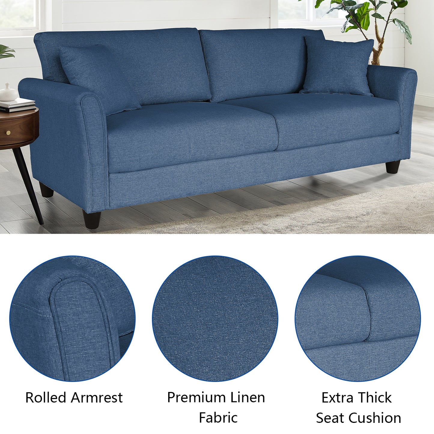 Blue Linen 3-Seat Sofa