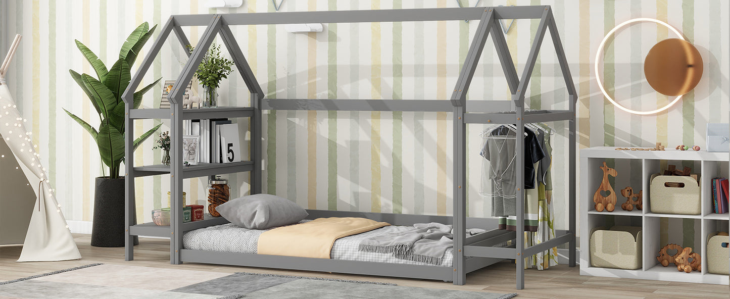 Twin House-Shaped Floor Bed with 2 Detachable Stands,Grey