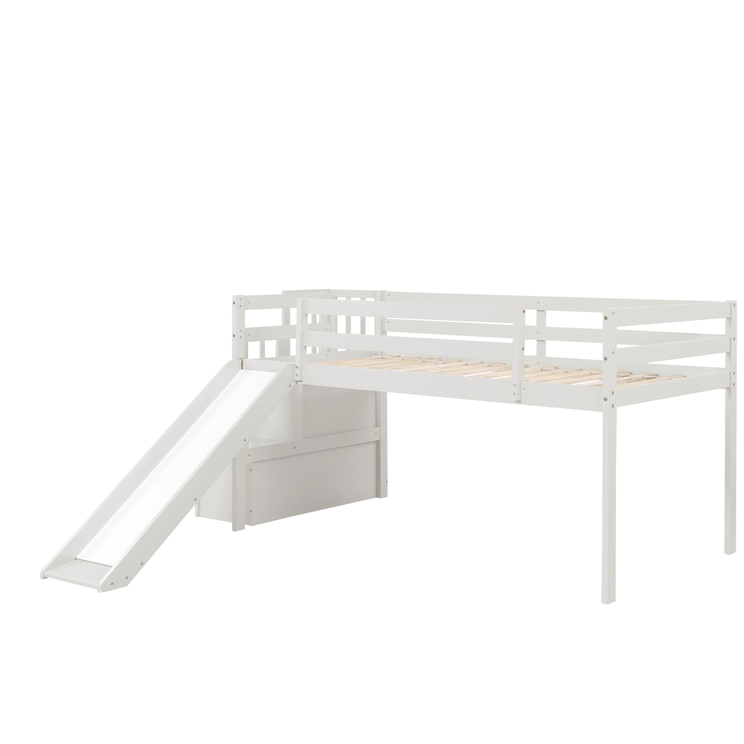 Loft Bed with Staircase, Storage, Slide, Twin size, Full-length Safety Guardrails, No Box Spring Needed, White