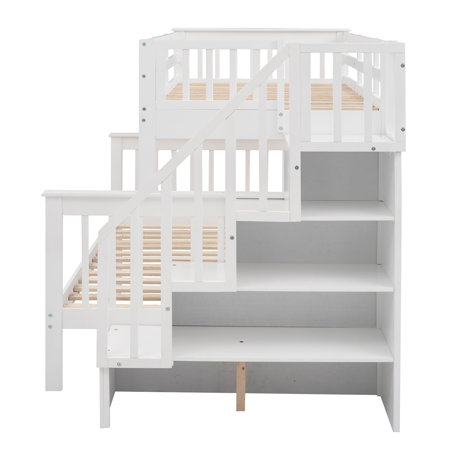 White Twin-Over-Full Bunk Bed with Staircase Storage and Guard Rail