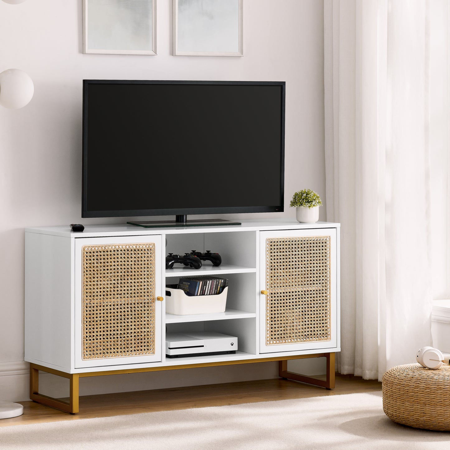 47 Inch White Rattan TV Stand with Adjustable Shelves and Metal Legs