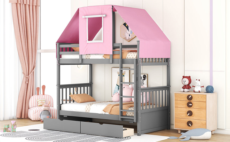 Gray and Pink Twin Over Twin Bunk Bed with Tent and Drawers for a Playful Bedroom Environment