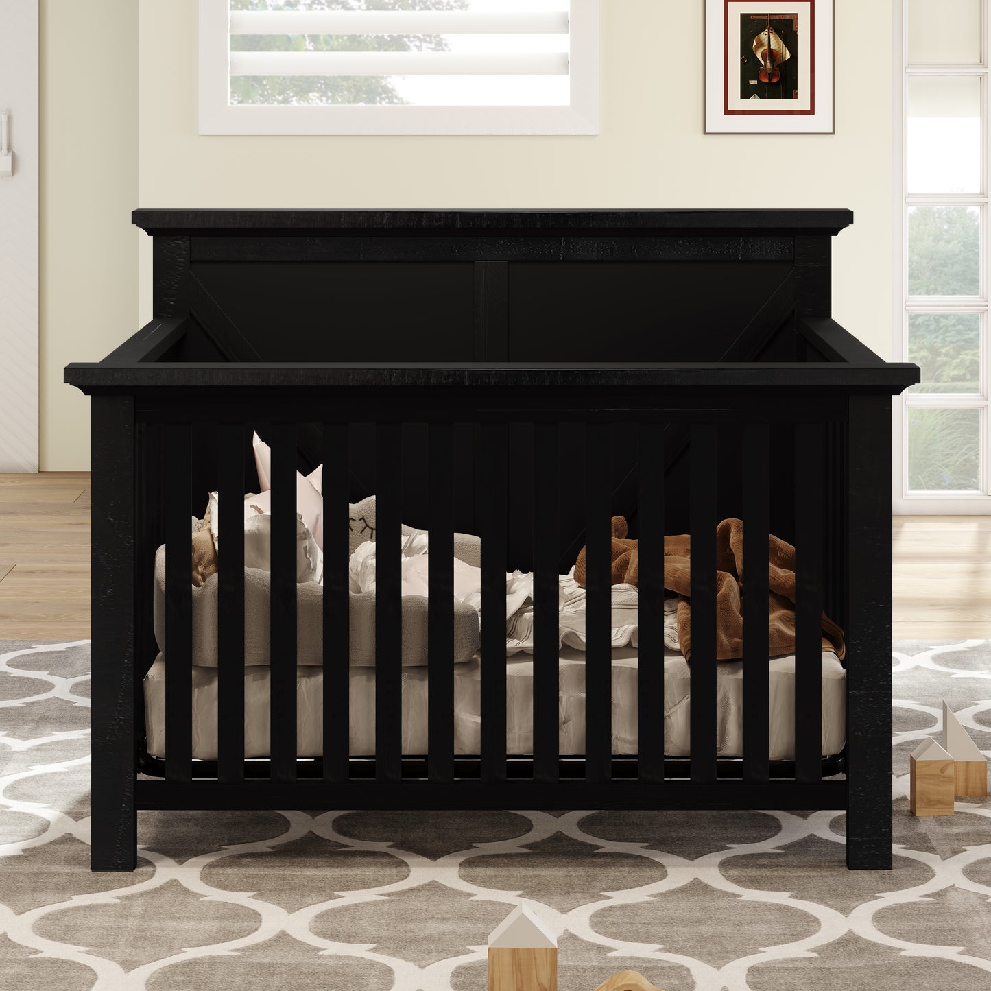 Rustic Farmhouse Style Blackwash 4-in-1 Convertible Baby Crib - Converts to Toddler Bed, Daybed and Full-Size Bed, Coffee