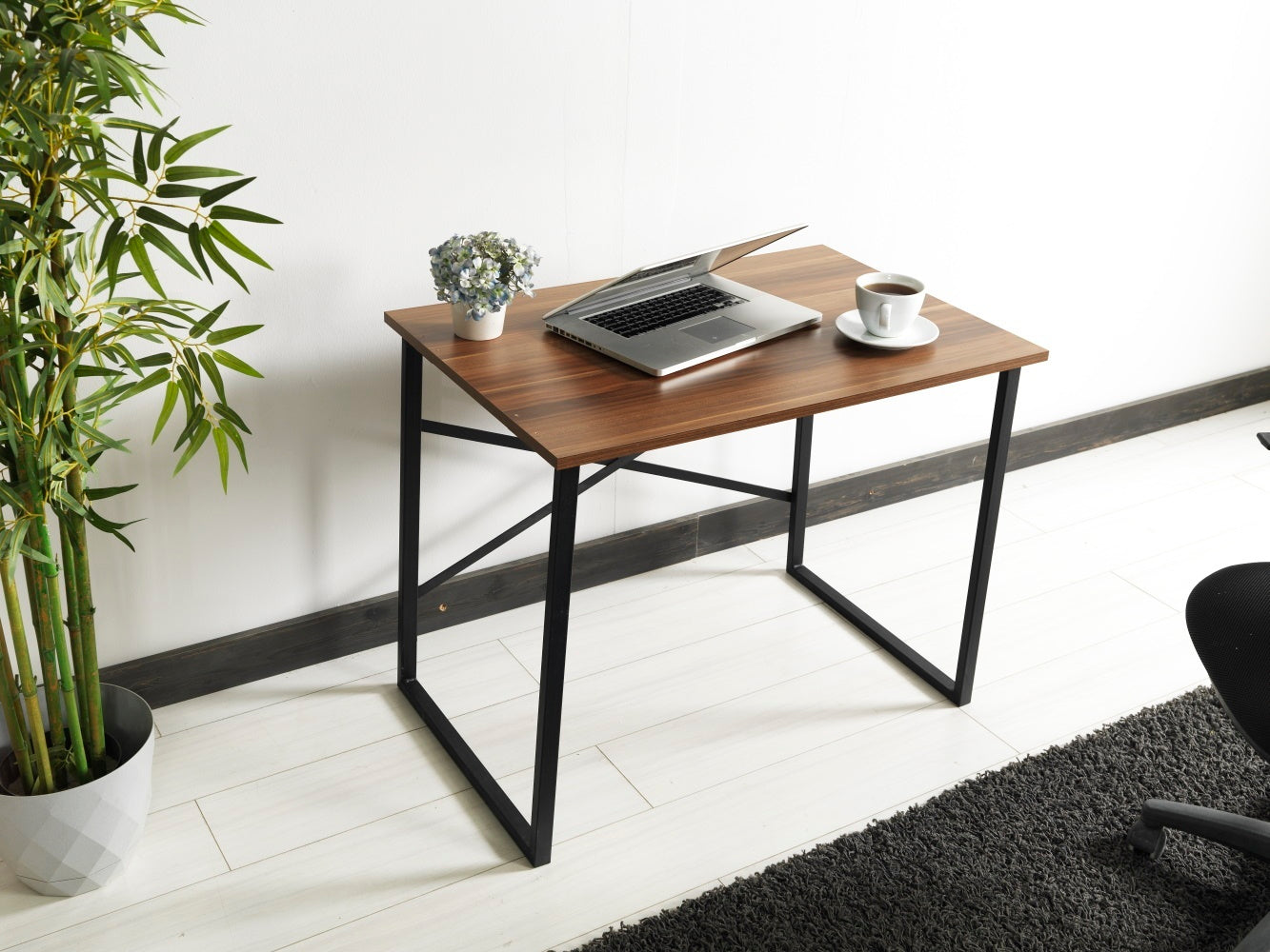 Lator Compact Black Metal and Walnut Writing/Computer Desk for Teens' Bedroom