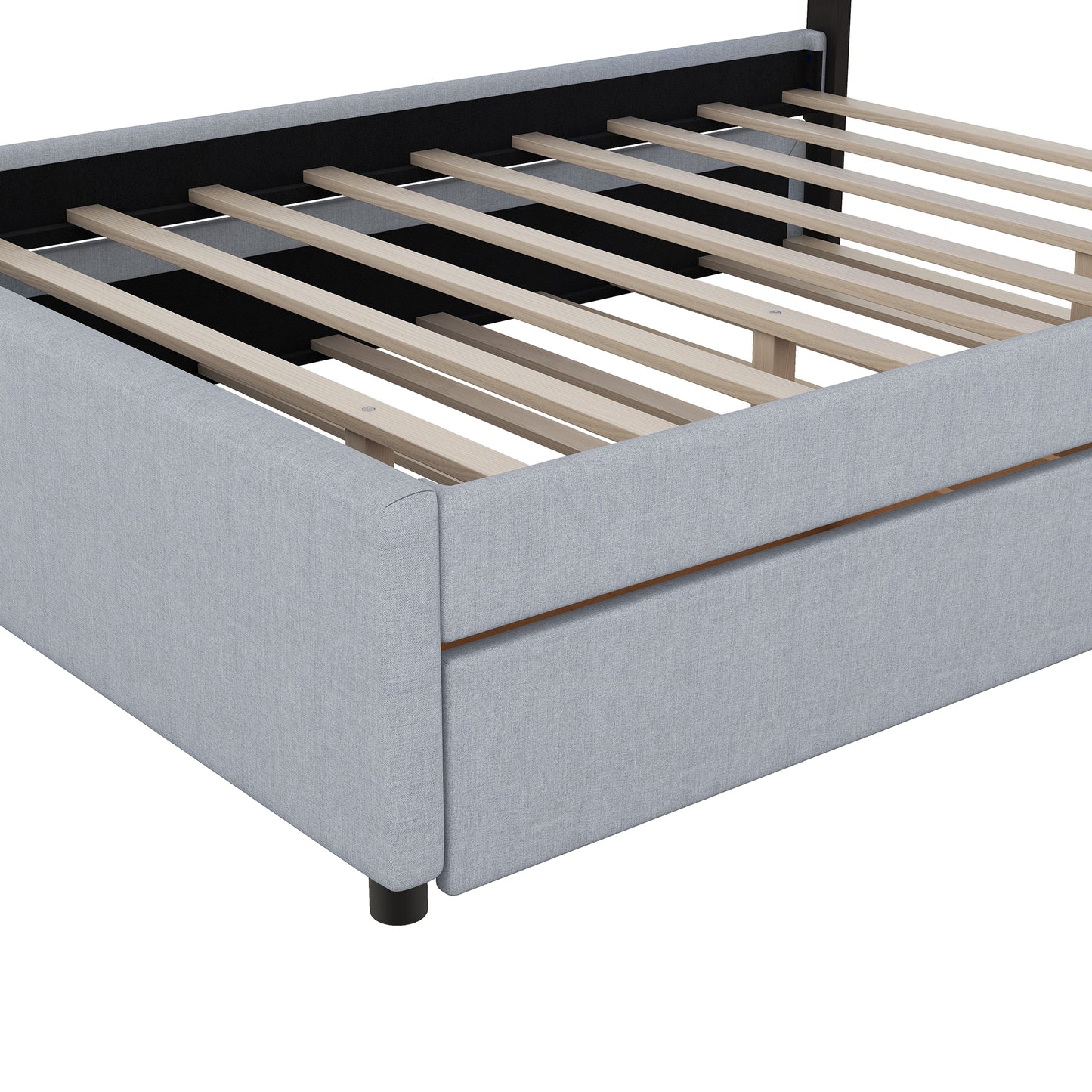 Queen Size Upholstered Storage Platform Bed with Twin Size Trundle, 2 Drawers, LED and USB Charging, Gray