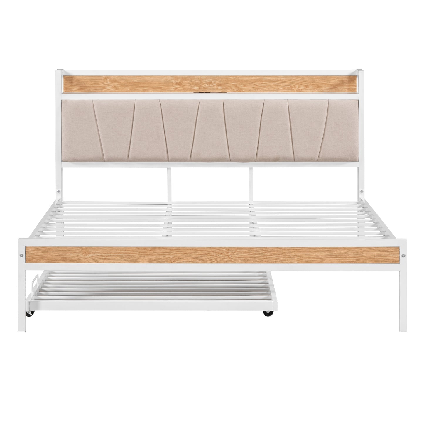 Queen Size Metal Platform Bed Frame with Twin size trundle, Upholstered headboard, Sockets, USB Ports and Slat Support, No Box Spring Needed, White