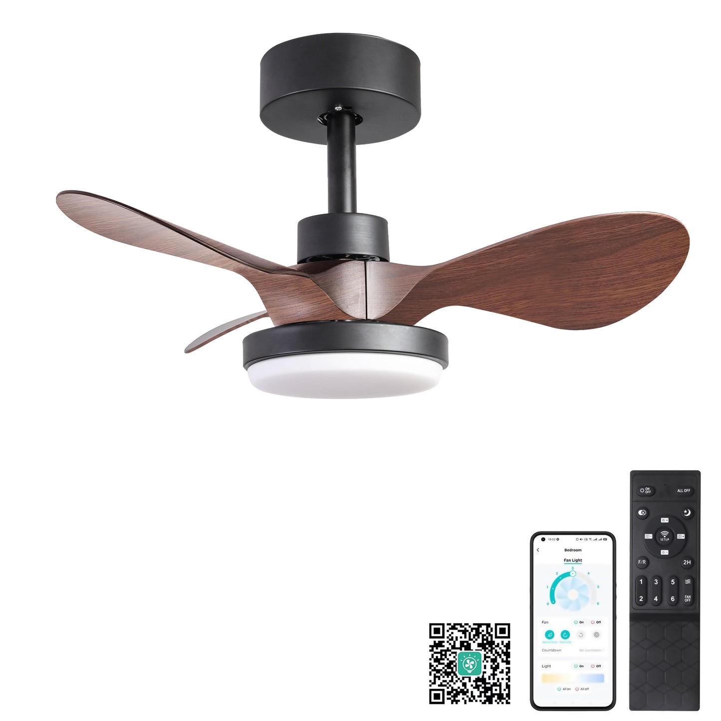 24-Inch Ceiling Fan with Lights Remote Control, 3 Reversible Blades