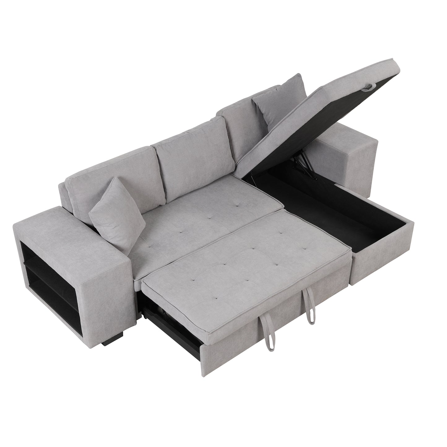 Gray L-Shape Sleeper Sectional Sofa with Storage Chaise and 2 Stools