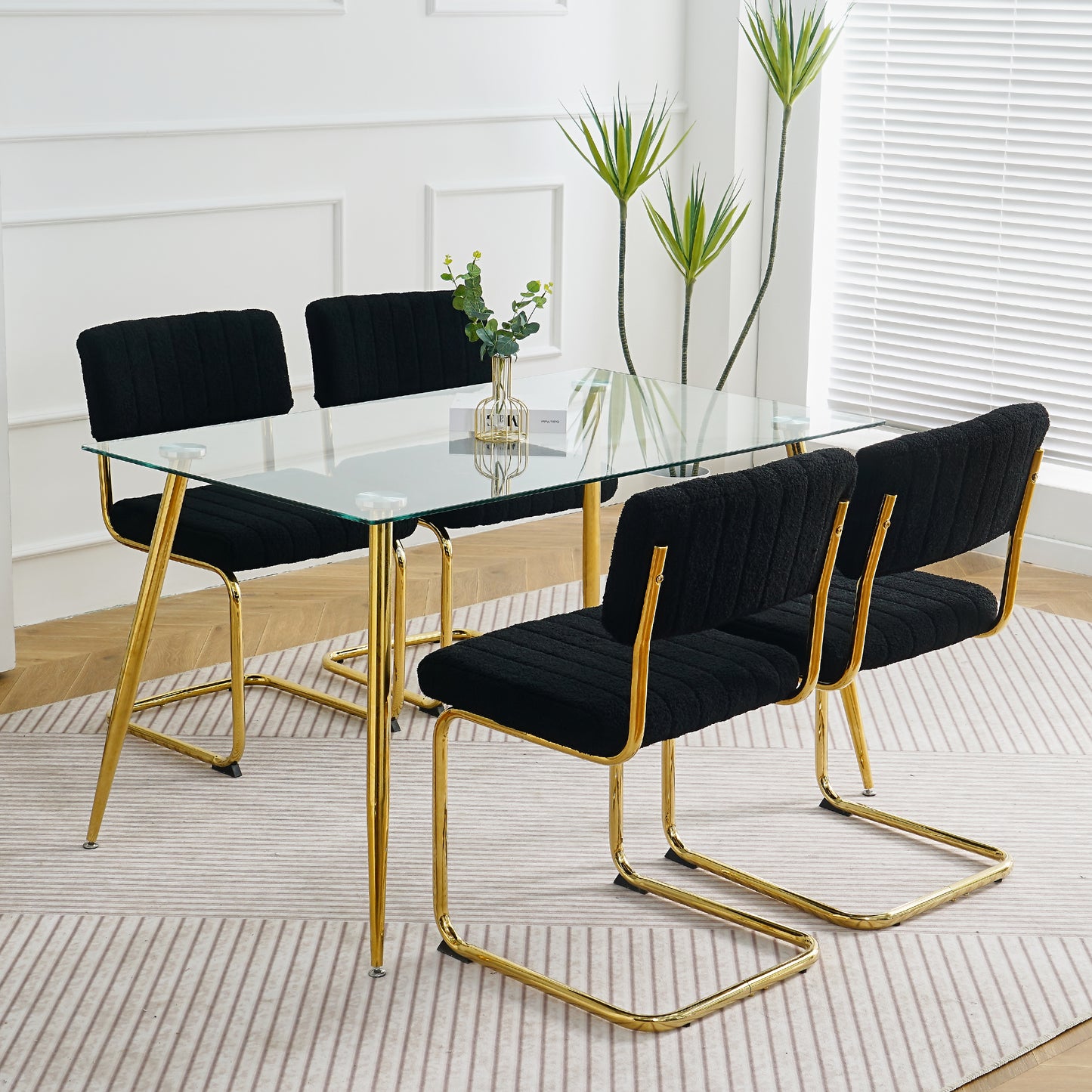 Modern simple light luxury dining Black chair home bedroom stool back dressing chair student desk chair gold metal legs(set of 4)