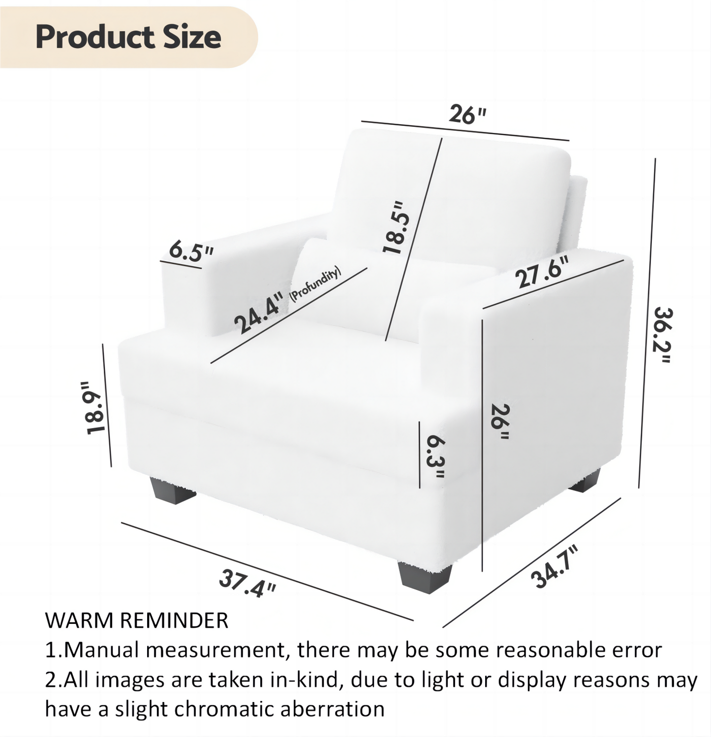 Contemporary 37 Modern Chair with Square Armrest, Removable Back Cushion, and Waist Pillow (White & Gray Fabric)