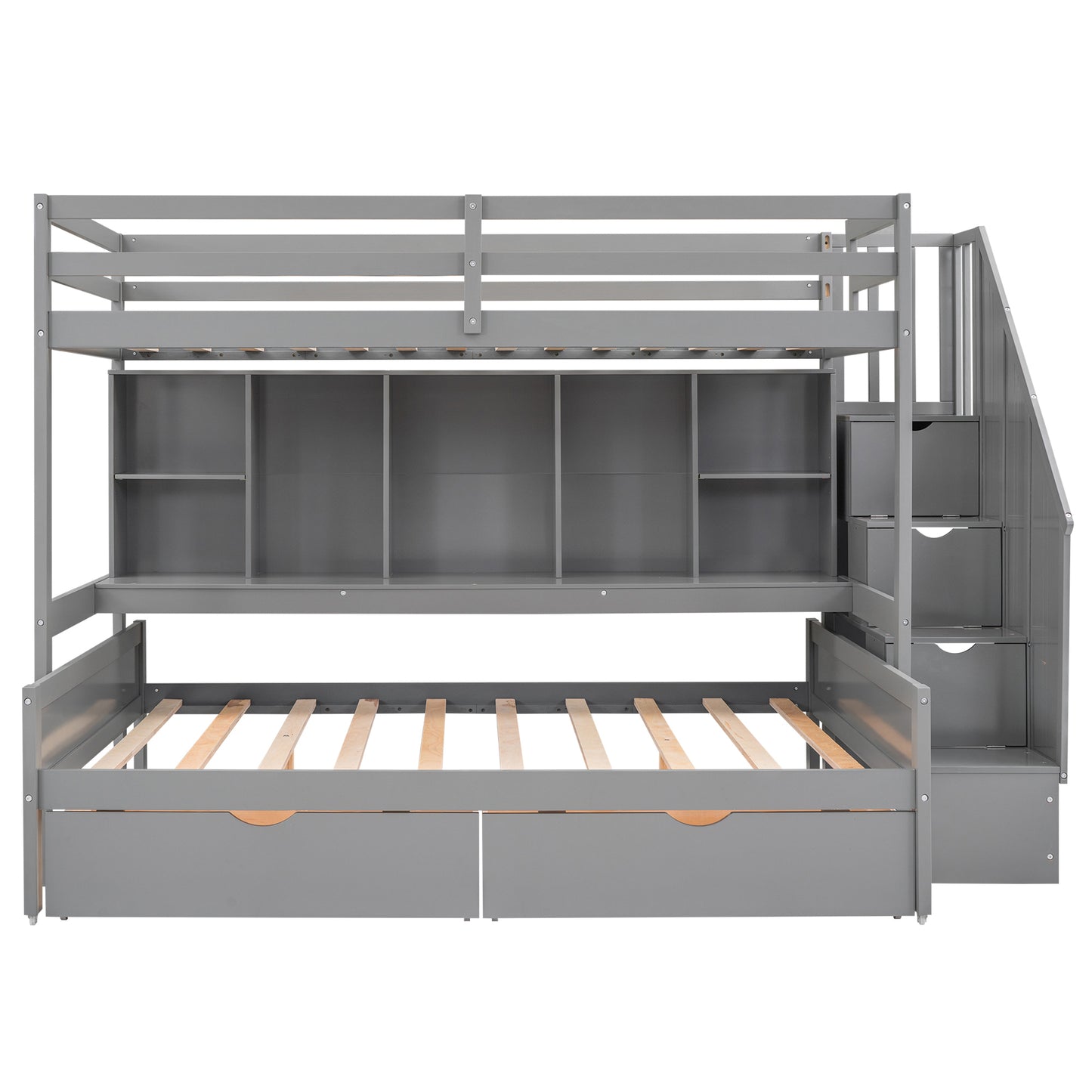 Gray Twin XL over Full Bunk Bed with Study Desk and Storage Solution