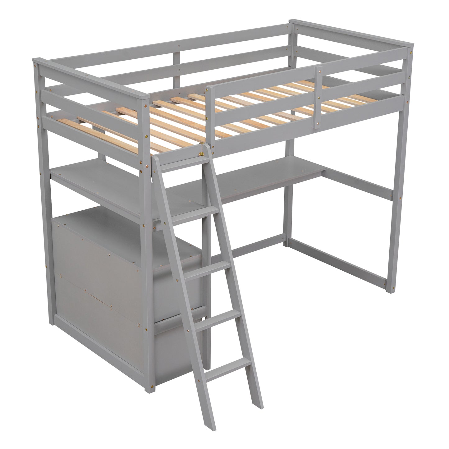 Twin Size Loft Bed with Desk and Shelves, Two Built-in Drawers, Gray(:GX000803AAE-1)