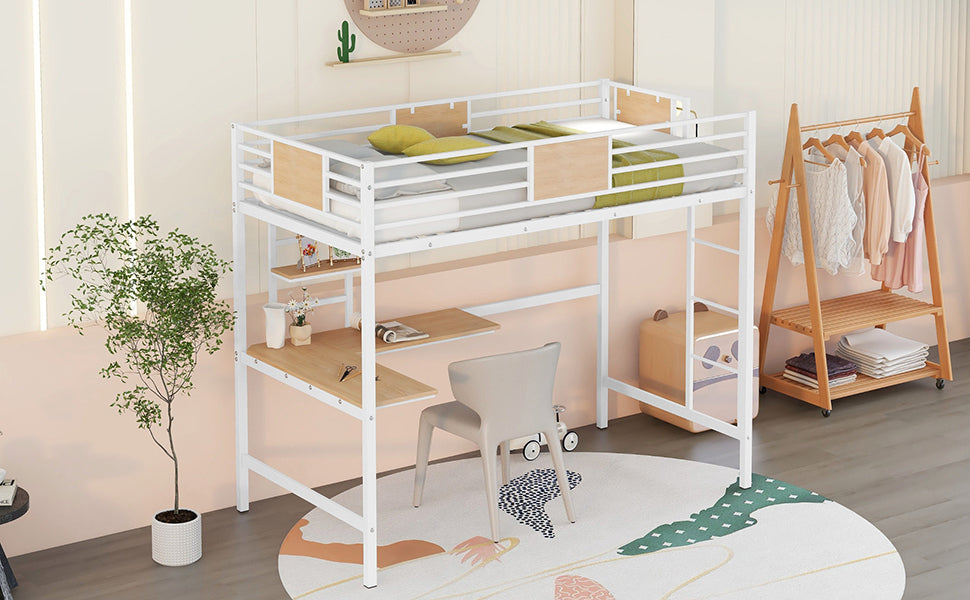 Twin Metal Loft Bed with Desk and Shelve,White