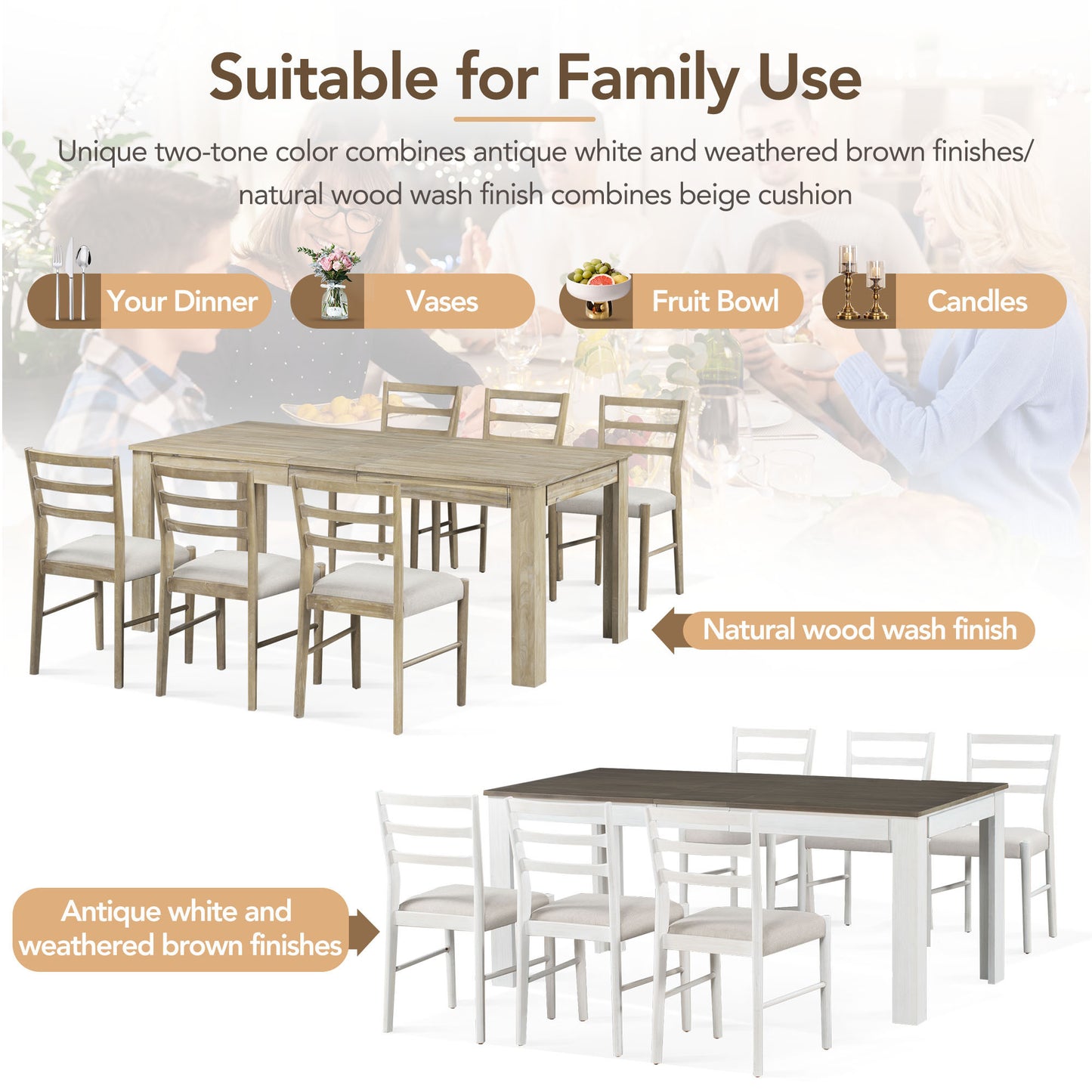 TREXM 7-Piece Wooden Dining Table Set Mutifunctional Extendable Table with 12" Leaf and 2 Drawers, 6 Dining Chairs with Soft Cushion (Brown + White)