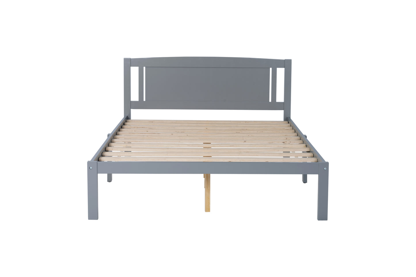 Full Size Bed, Wood Platform Bed Frame with Headboard For Kids, Slatted, Gray