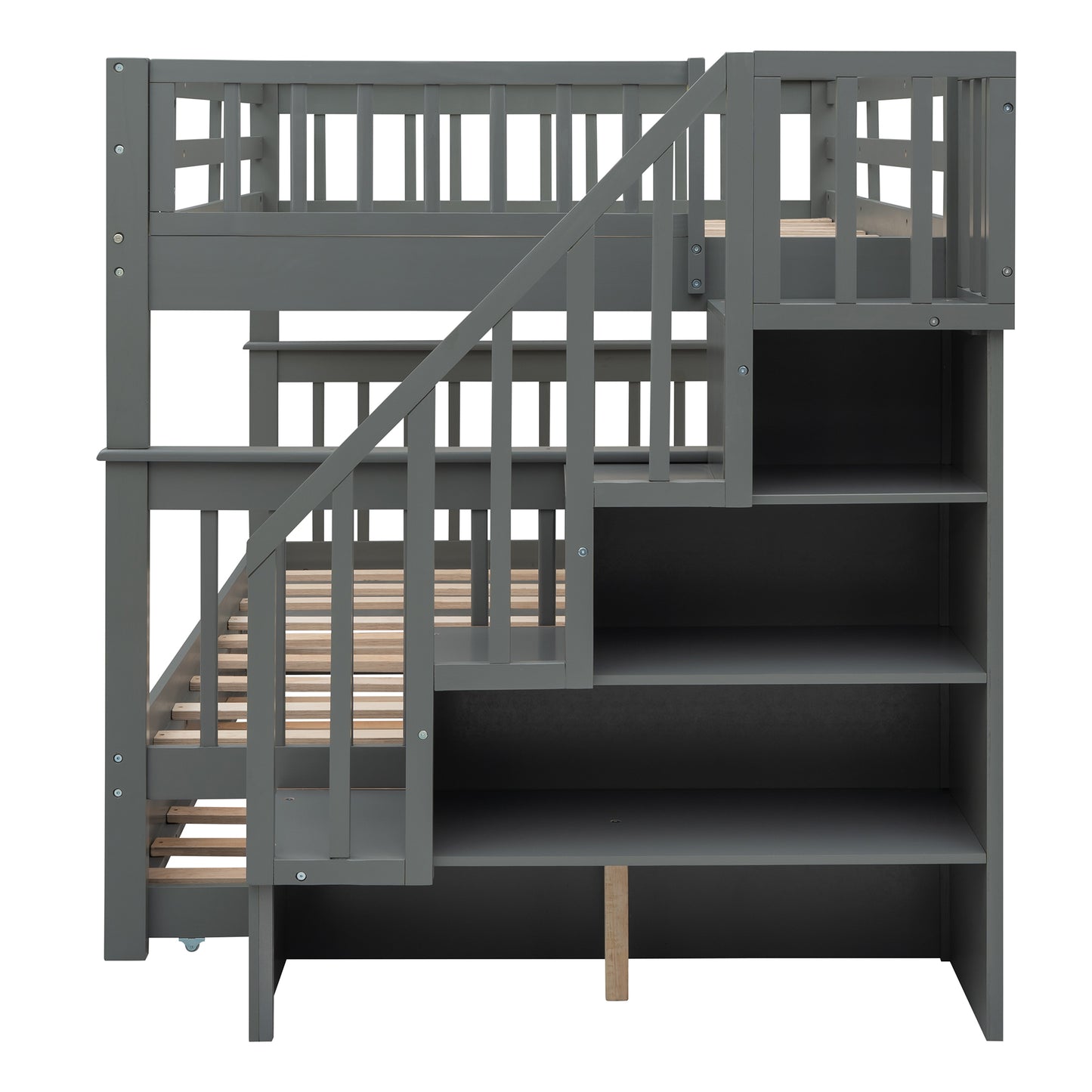 Gray Full-Over-Full Bunk Bed with Twin Trundle and Storage System