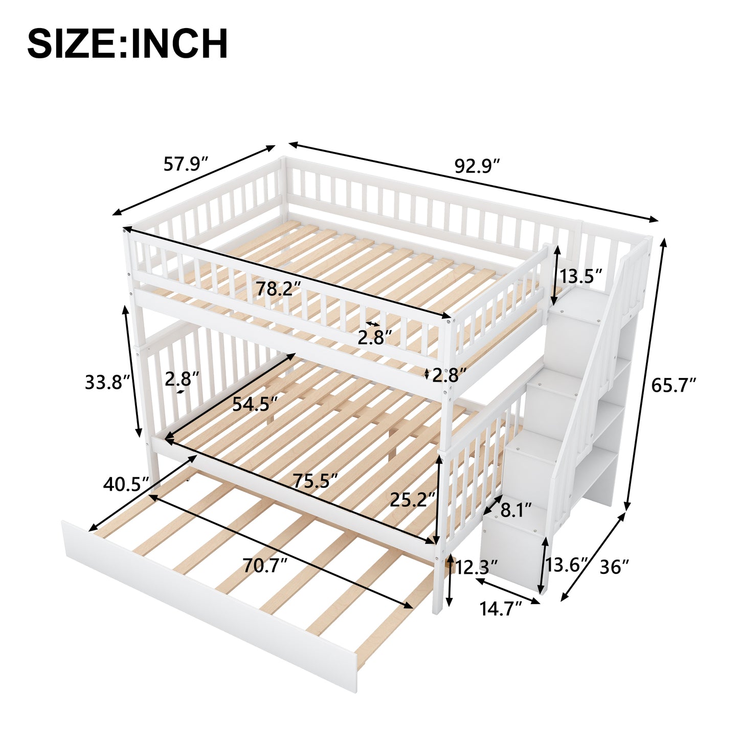 White Full over Full Bunk Bed with Trundle, Staircase, and Storage - Space-Saving Full Bunk Bed with Trundle