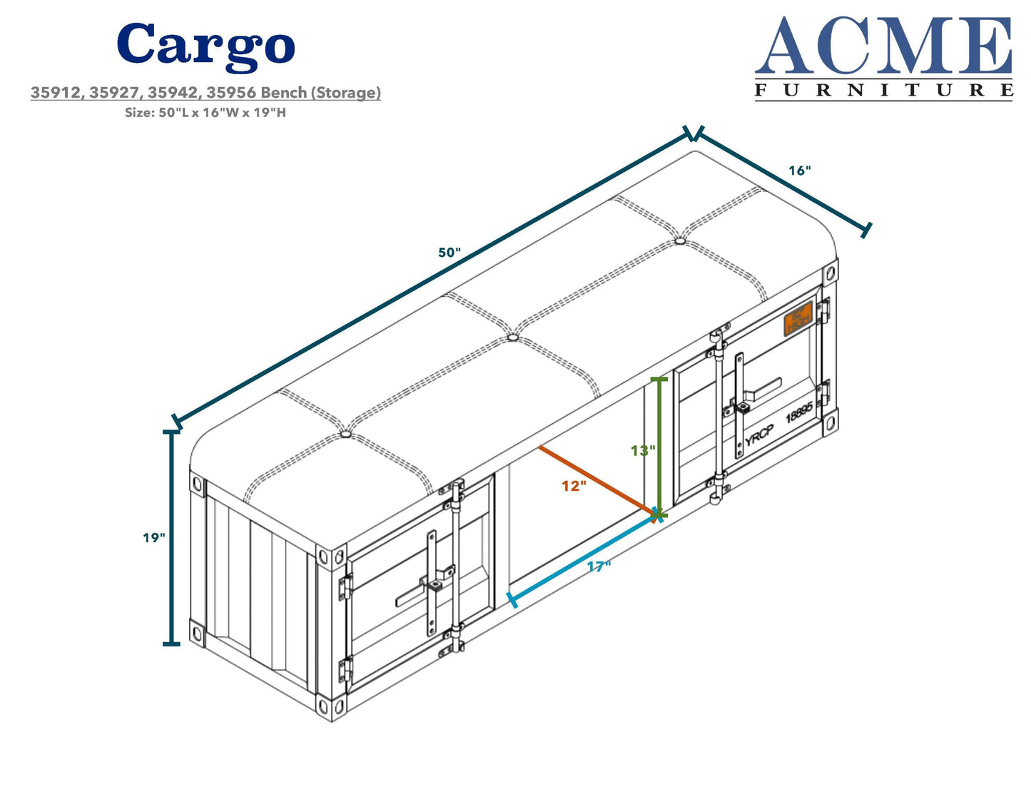 ACME Cargo Bench (Storage), Gray Fabric & White 35912