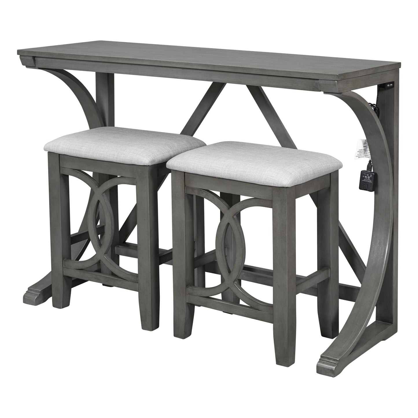 Farmhouse 3-Piece Counter Height Dining Table Set with USB Port and Upholstered Stools,Gray