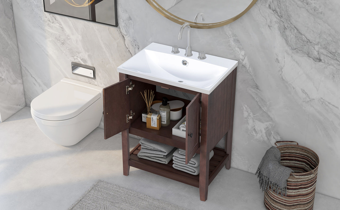 24" Brown Modern Sleek Bathroom Vanity Elegant Ceramic Sink with Solid Wood Frame Open Style Shelf